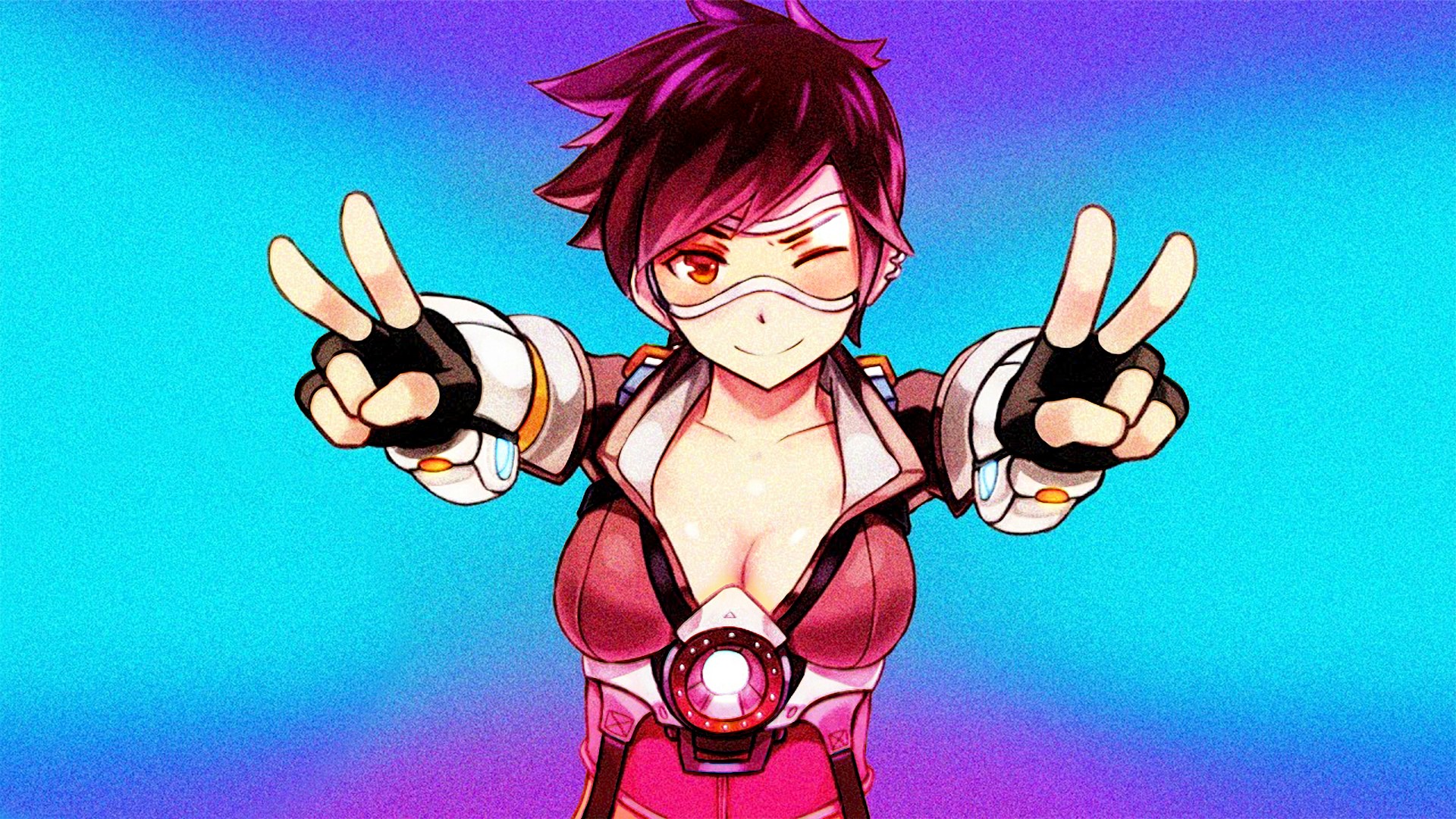 Overwatch, game art, video games, Tracer (Overwatch), artwork, digital art, simple background, anime girls, anime, DubstepGutter, peace sign, HD Wallpaper