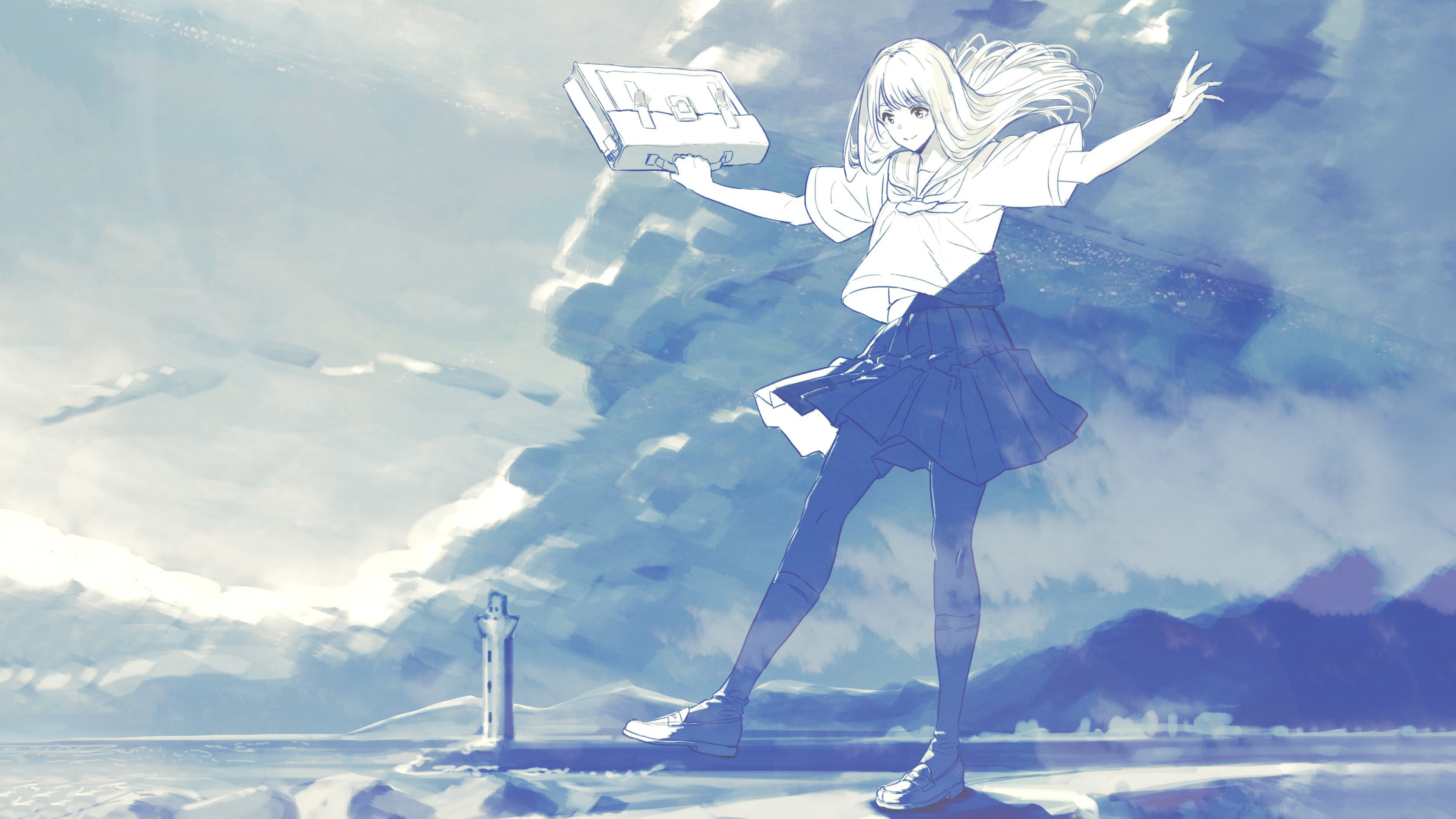 lighthouse, clouds, school uniform, HD Wallpaper