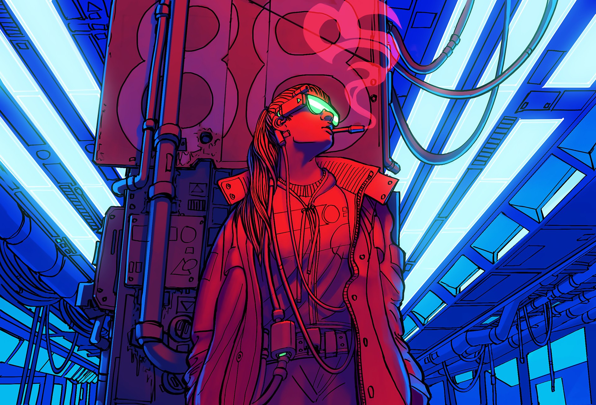 artwork, science fiction, cyberpunk, women, smoking, neon, HD Wallpaper