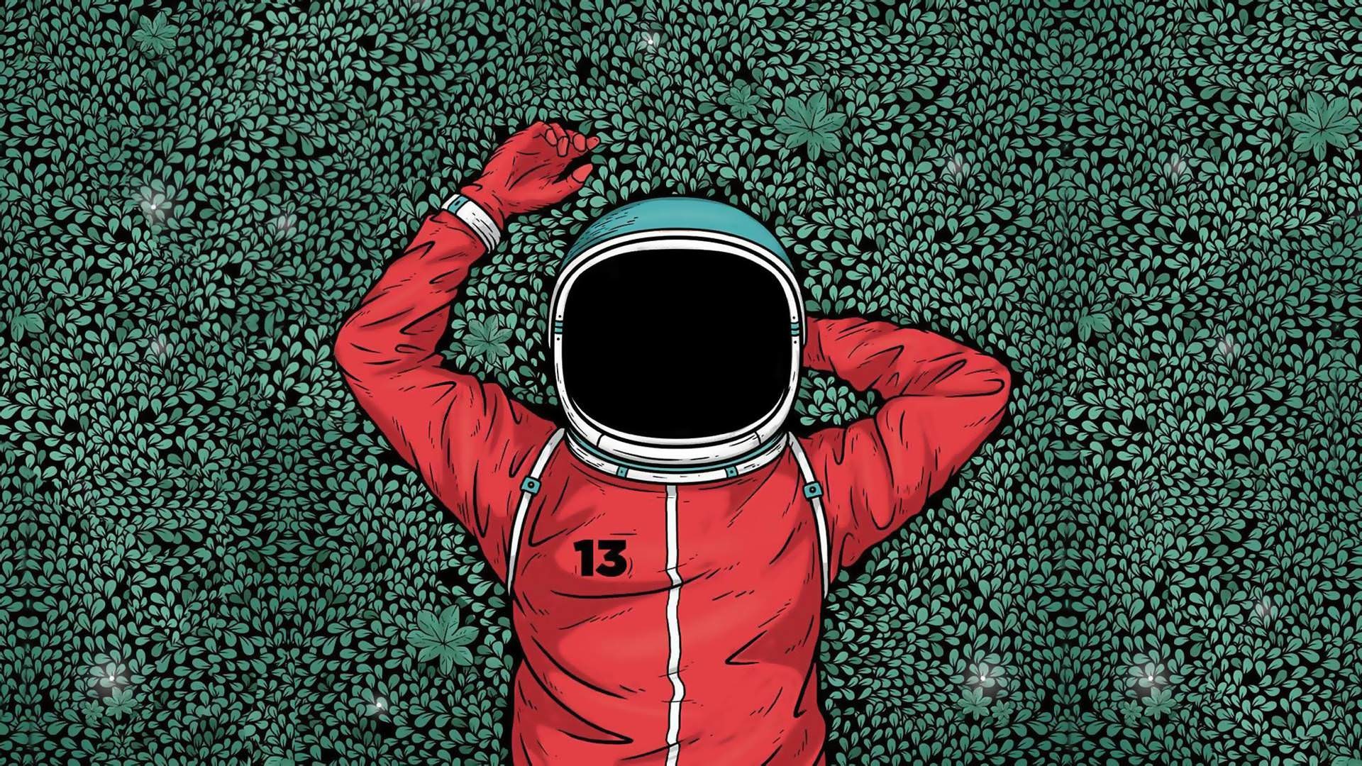 artwork, astronaut, grass, red, HD Wallpaper