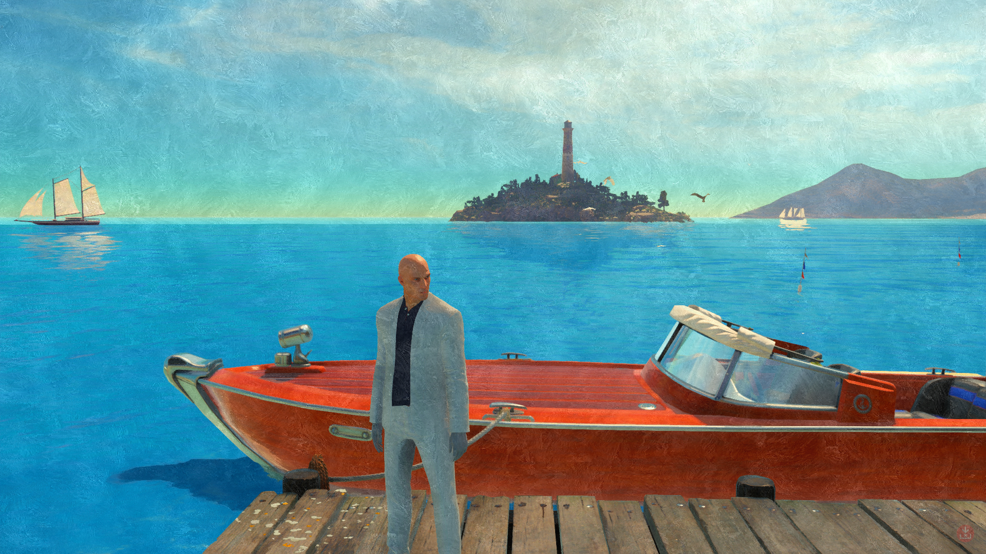 Hitman, 47, Codename 47, artwork, cyan, horizon, sea, red, boat, island, lighthouse, birds, pier, bald head, suits, sunlight, video game art, HD Wallpaper