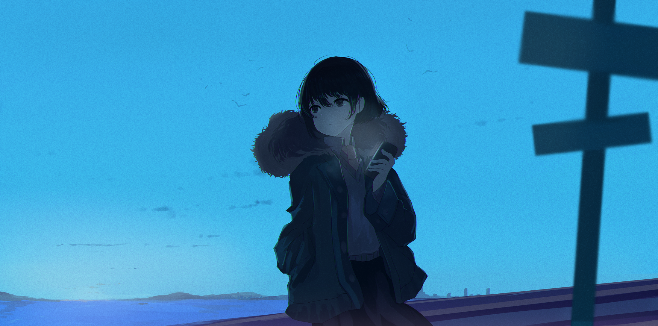cellphone, tie, sky, cyan, anime girls, HD Wallpaper