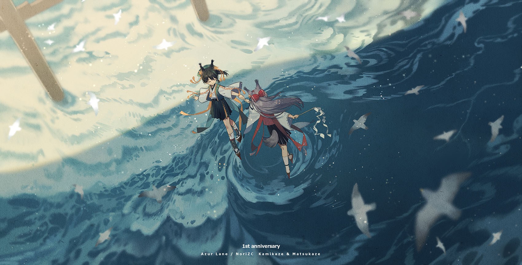 anime girls, anime, water, sea, outdoors, birds, Kantai Collection, HD Wallpaper