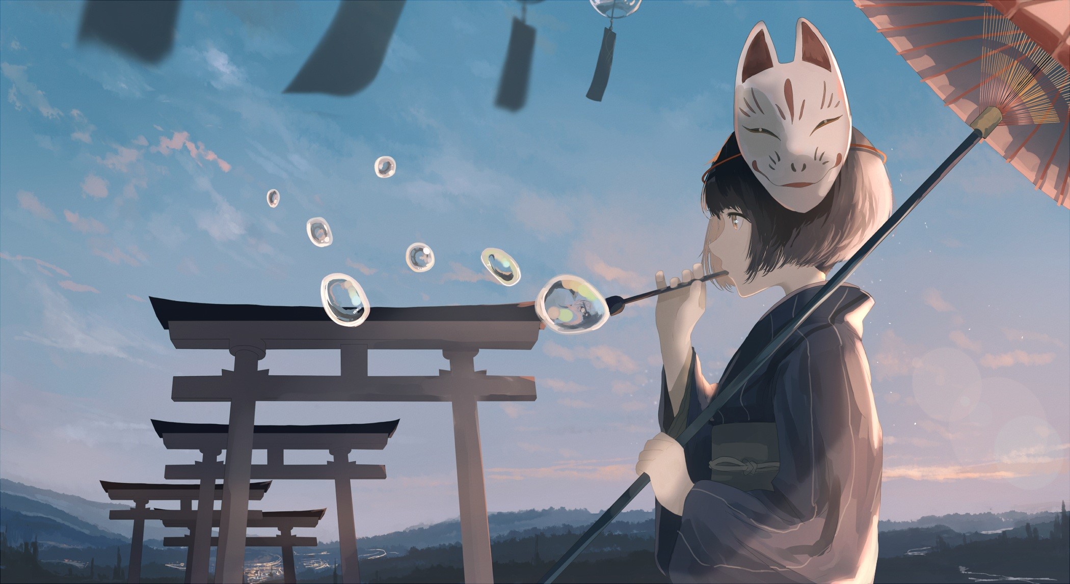 Girls Avenue, mask, anime girls, anime, bubbles, dark hair, face, profile, umbrella, HD Wallpaper
