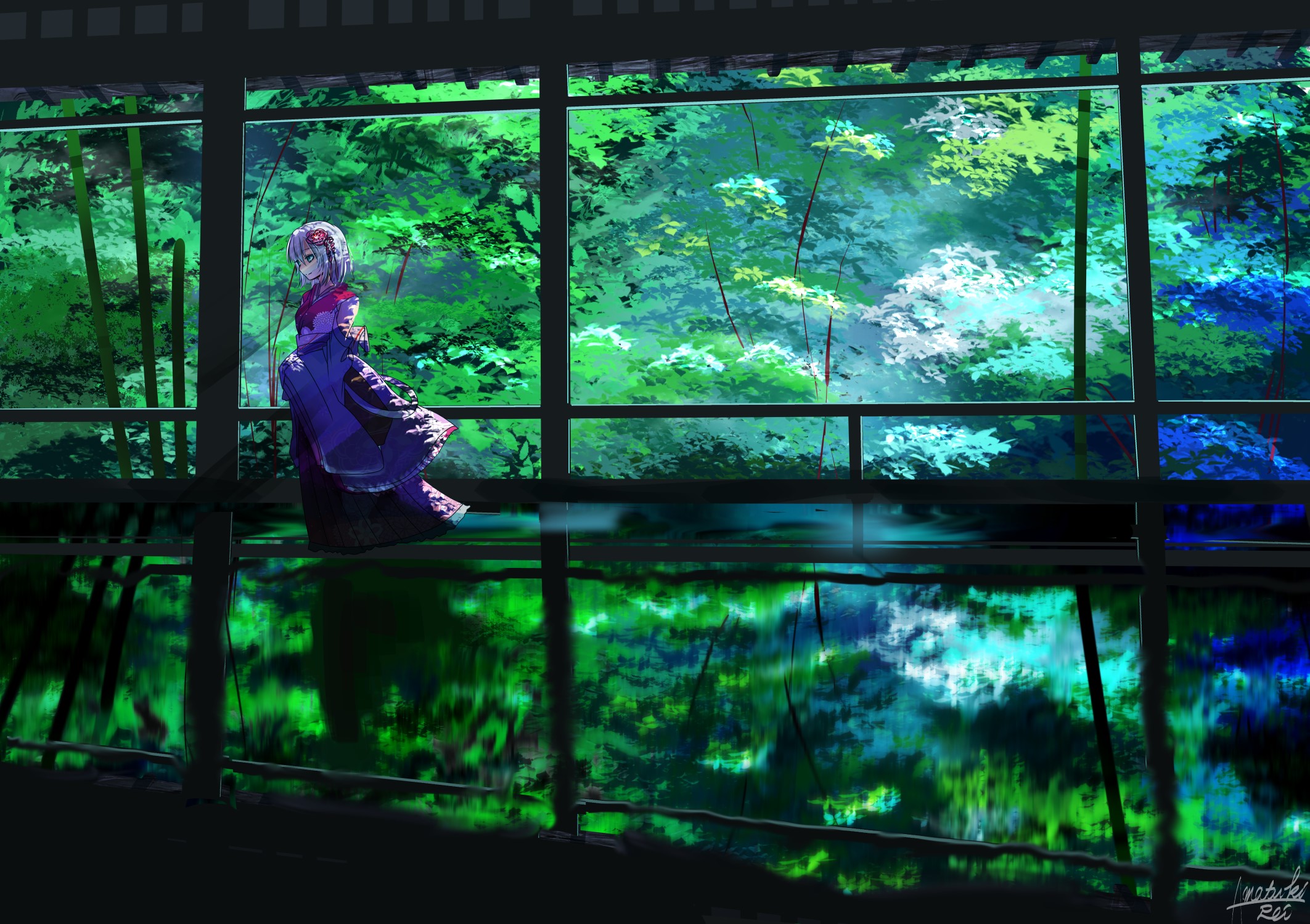 Girls Avenue, anime, anime girls, reflection, plants, dark, green, HD Wallpaper
