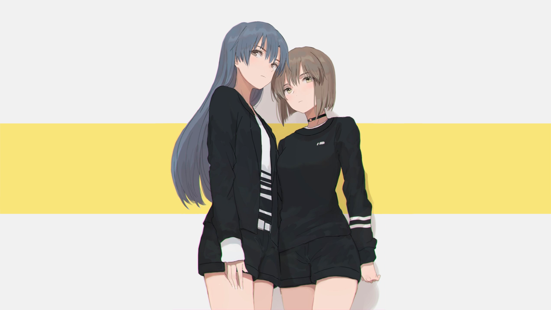 anime, anime girls, manga, minimalism, simple background, gray, gray background, shorts, HD Wallpaper