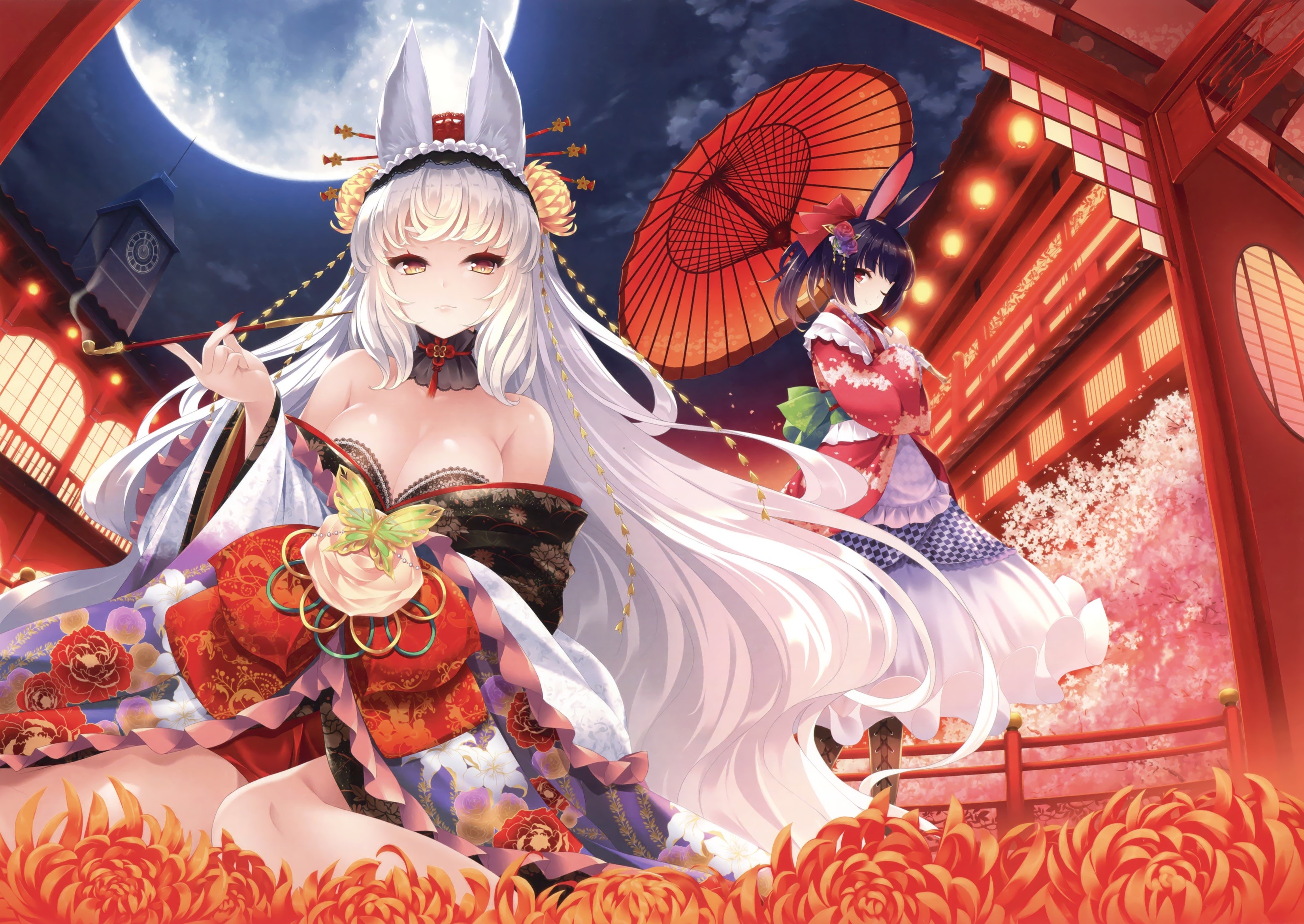 anime girls, anime, boobs, umbrella, fantasy girl, HD Wallpaper