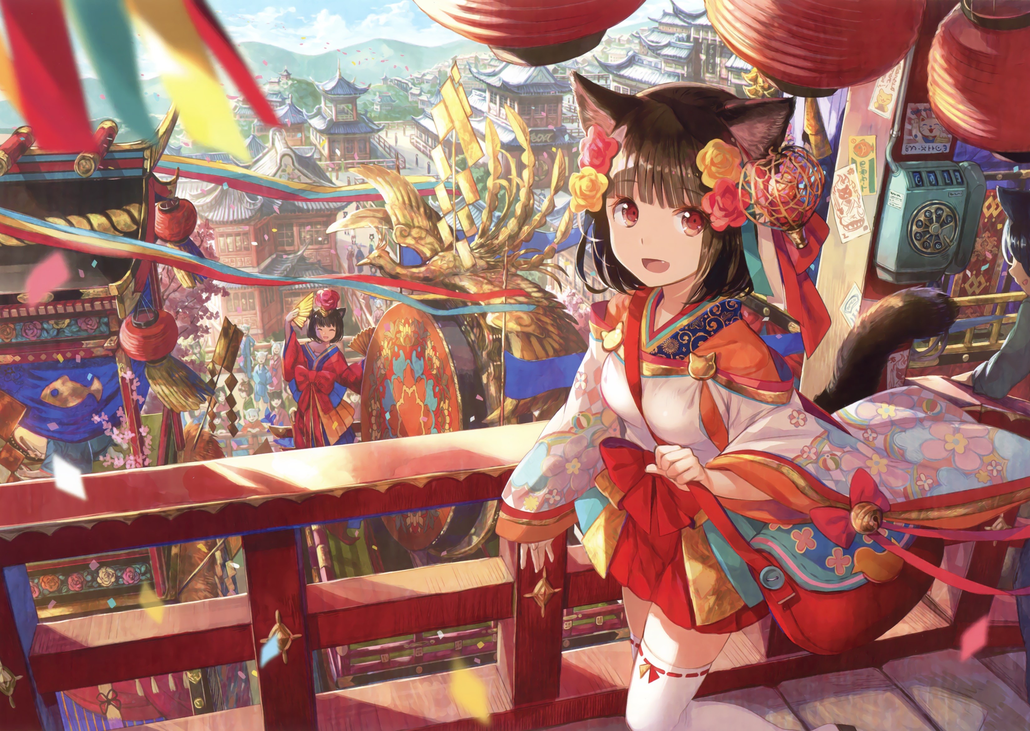 anime girls, anime, animal ears, colorful, brunette, flower in hair, HD Wallpaper