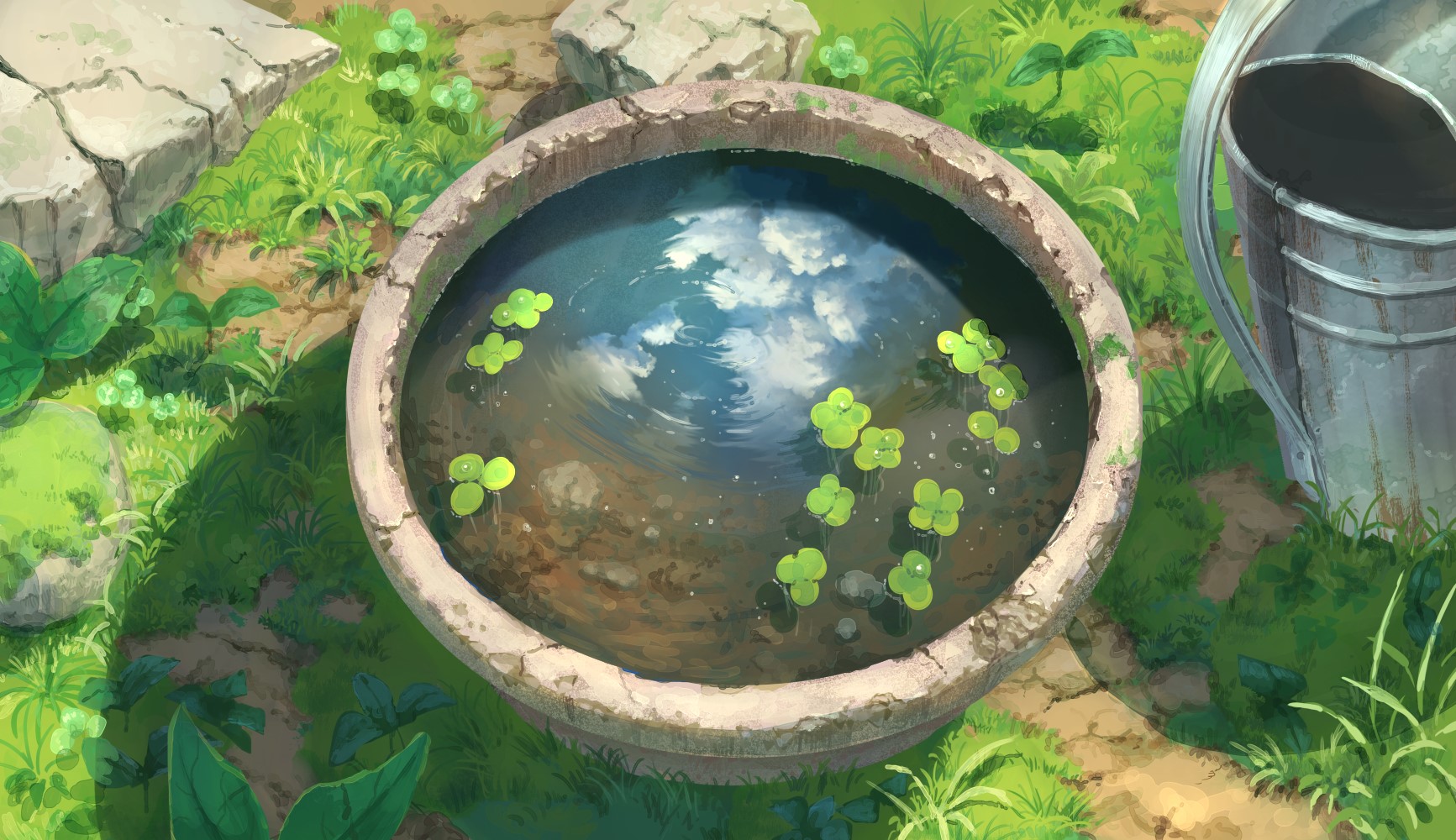 water, reflection, grass, bucket, artwork, digital art, nature, HD Wallpaper