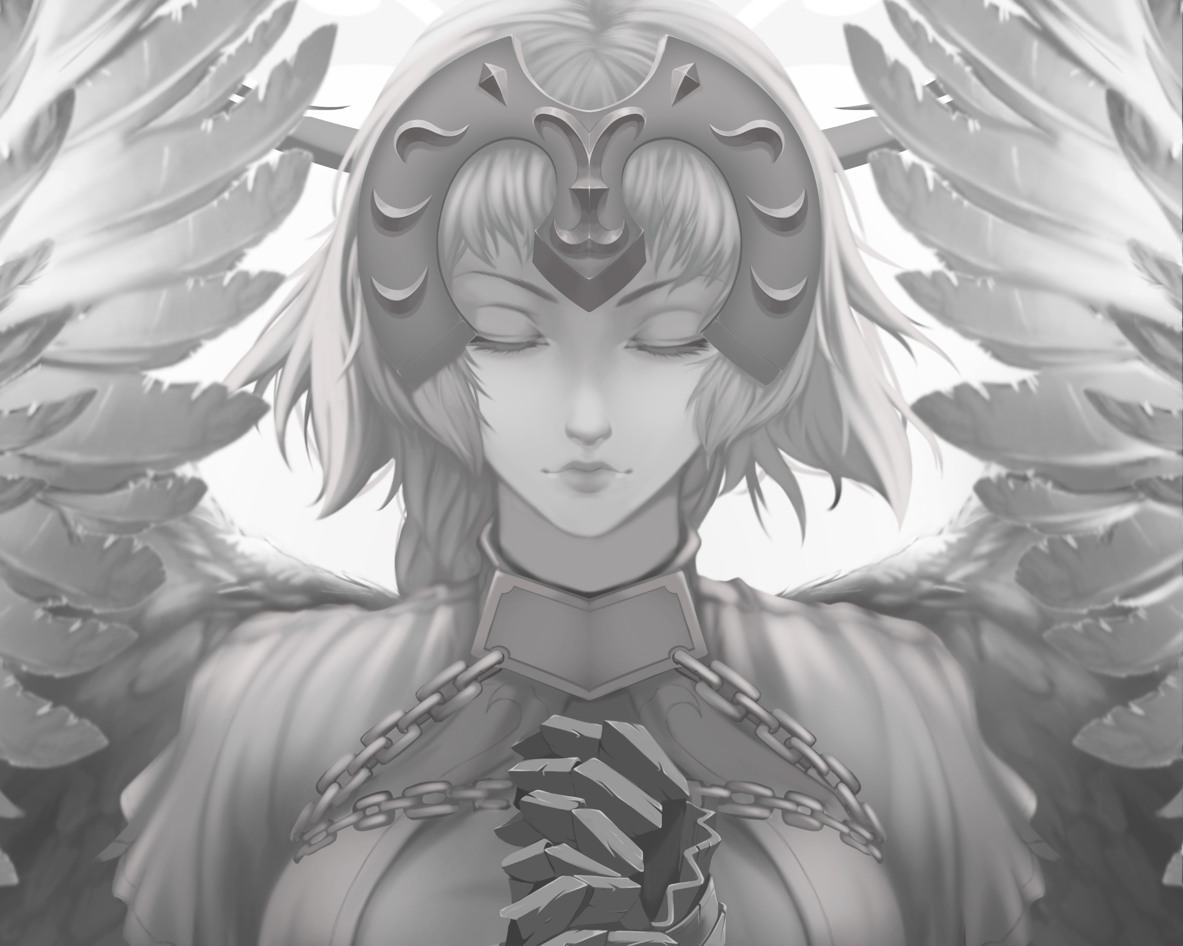Fate/Grand Order, Ruler (Fate/Apocrypha), Fate/Apocrypha, Fate Series, Jeanne dArc, angel, wings, monochrome, anime girls, closed eyes, HD Wallpaper