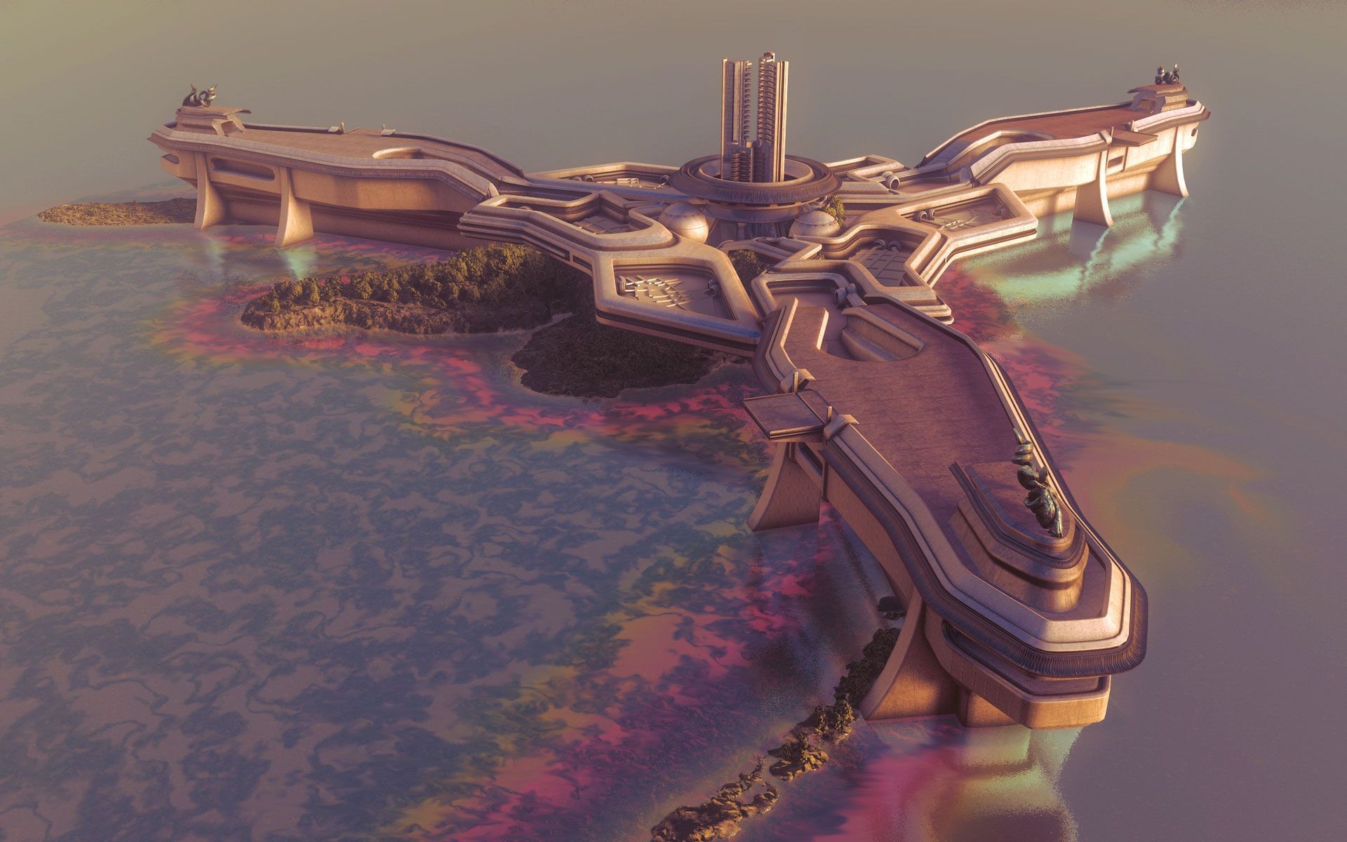 artwork, digital art, building, futuristic, water, science fiction, HD Wallpaper