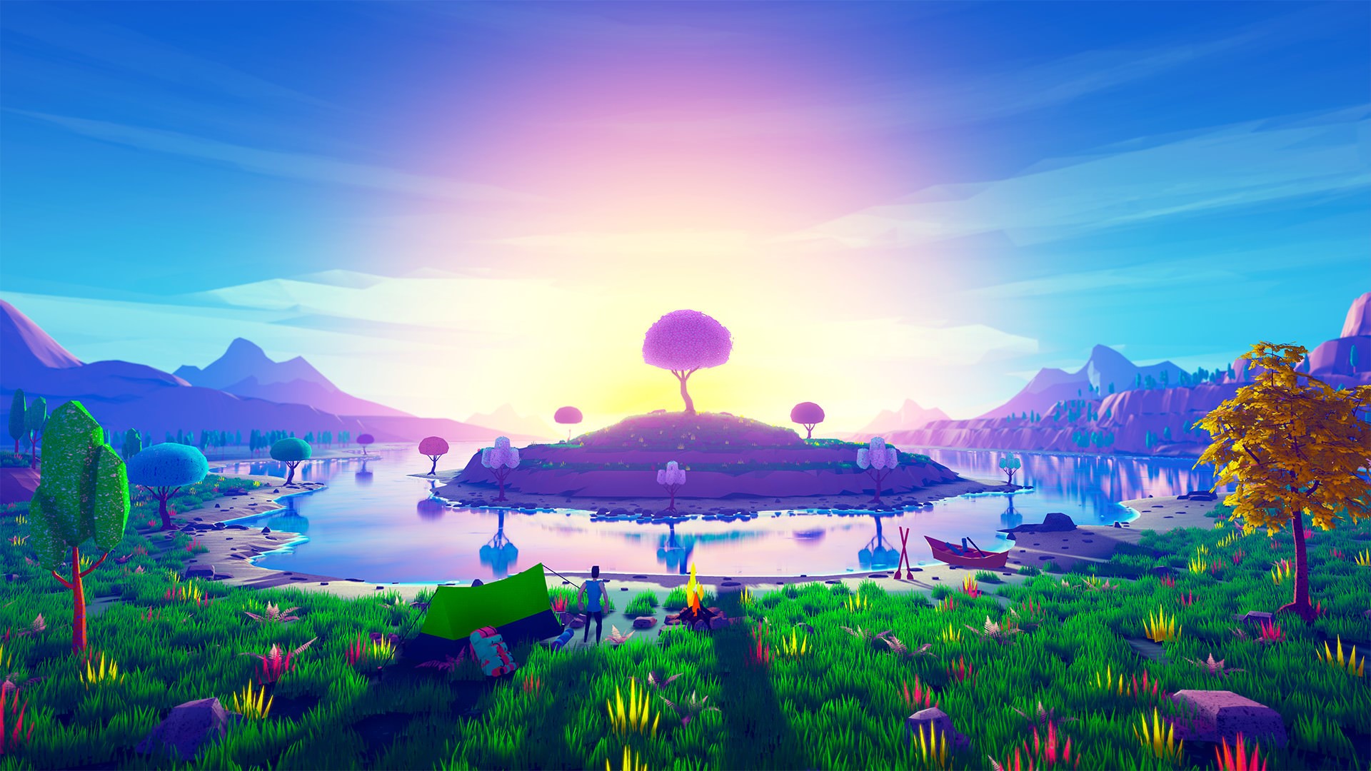 trees, island, tent, water, mountains, reflection, 3D, campfire, paddles, HD Wallpaper