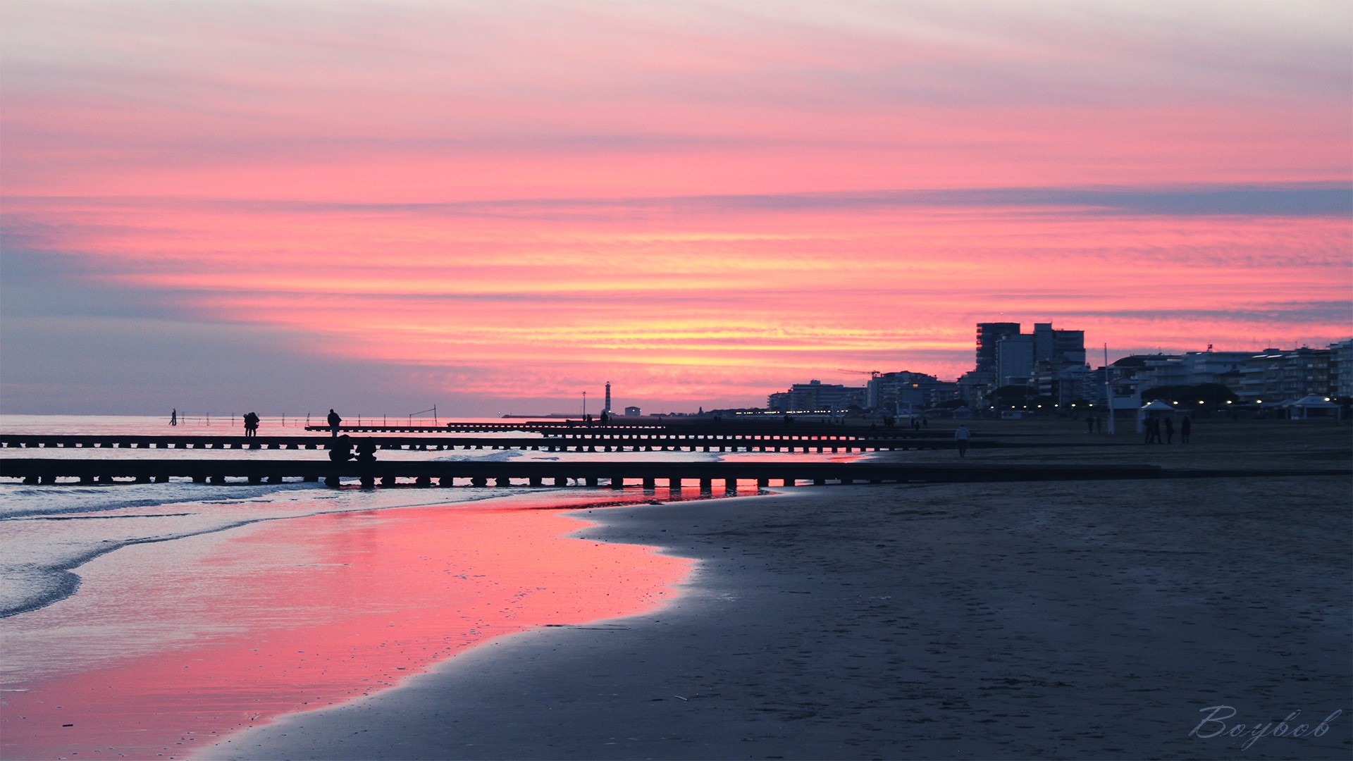 sea, sunset, dock, beach, HD Wallpaper