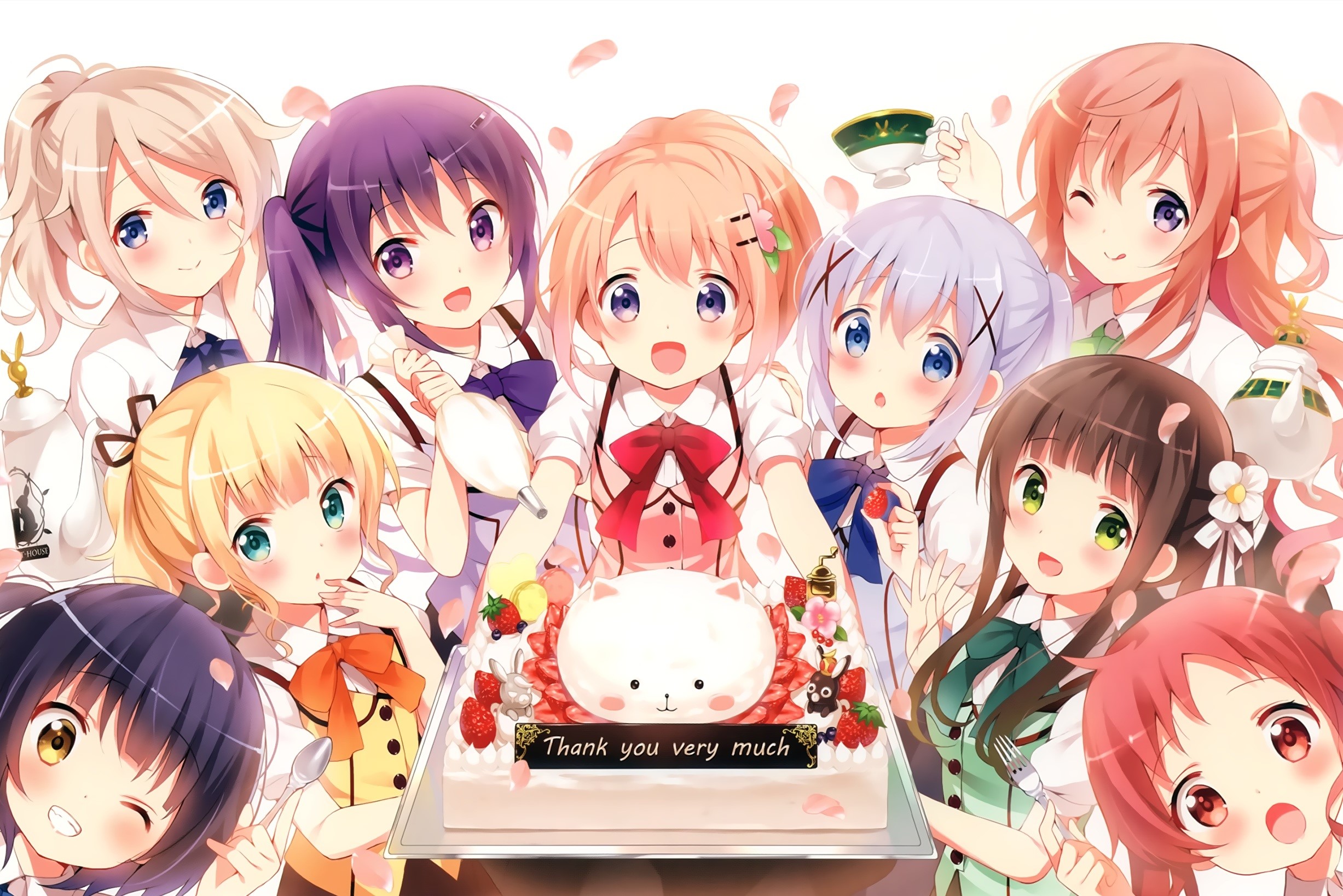 anime, anime girls, white skin, artwork, Gochuumon wa Usagi Desu ka?, Gochuumon wa Usagi Desu ka, Tippy ( gochuumon wa usagi desu ka ? ), Kafuu Chino, Tedeza Rize, Kirima Sharo, Hoto Kokoa, Ujimatsu Chiya, Natsu Megumi, Jouga Maya, Hoto Mocha, HD Wallpaper