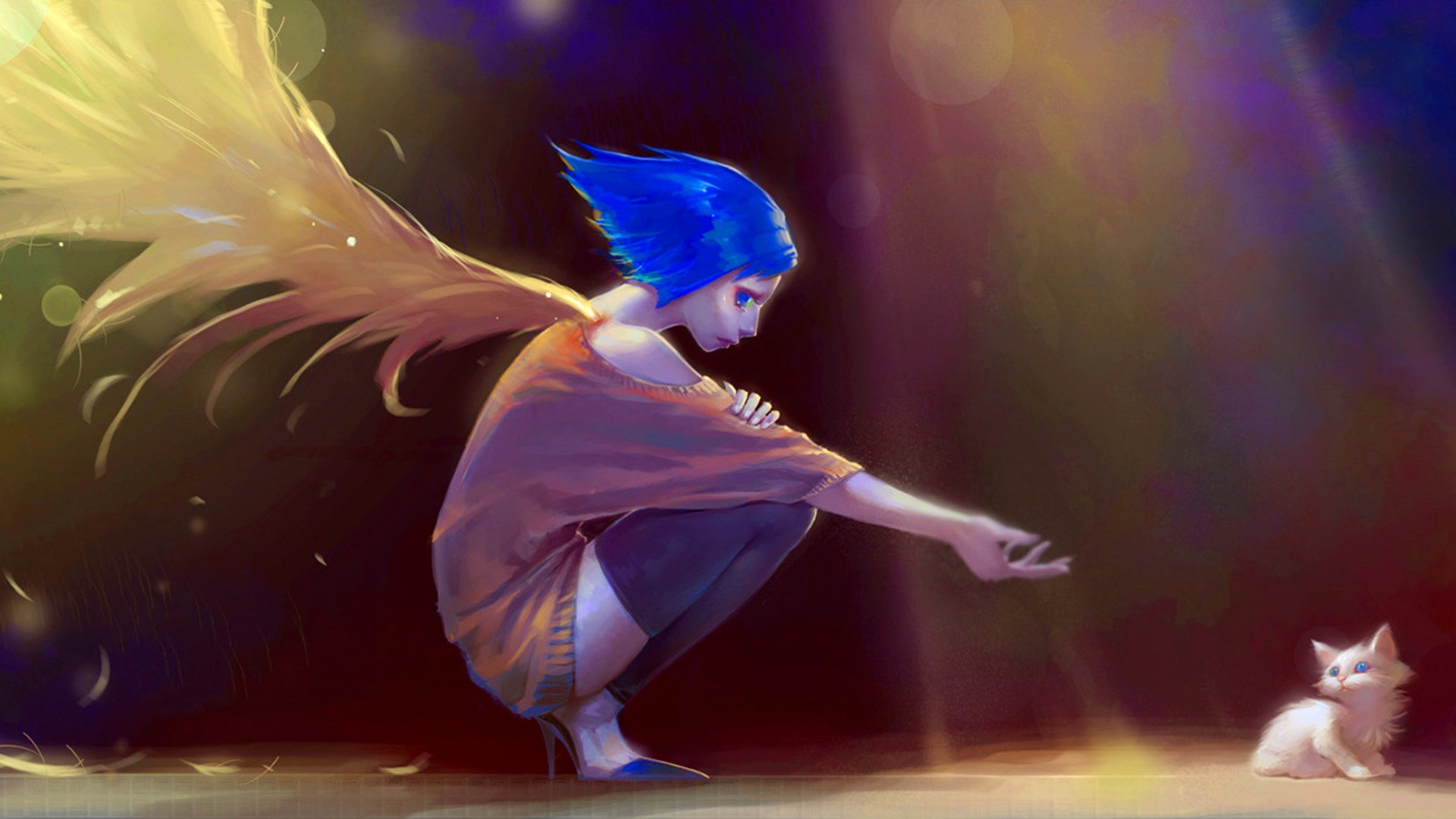 anime, anime girls, blue hair, blue eyes, wings, squatting, HD Wallpaper