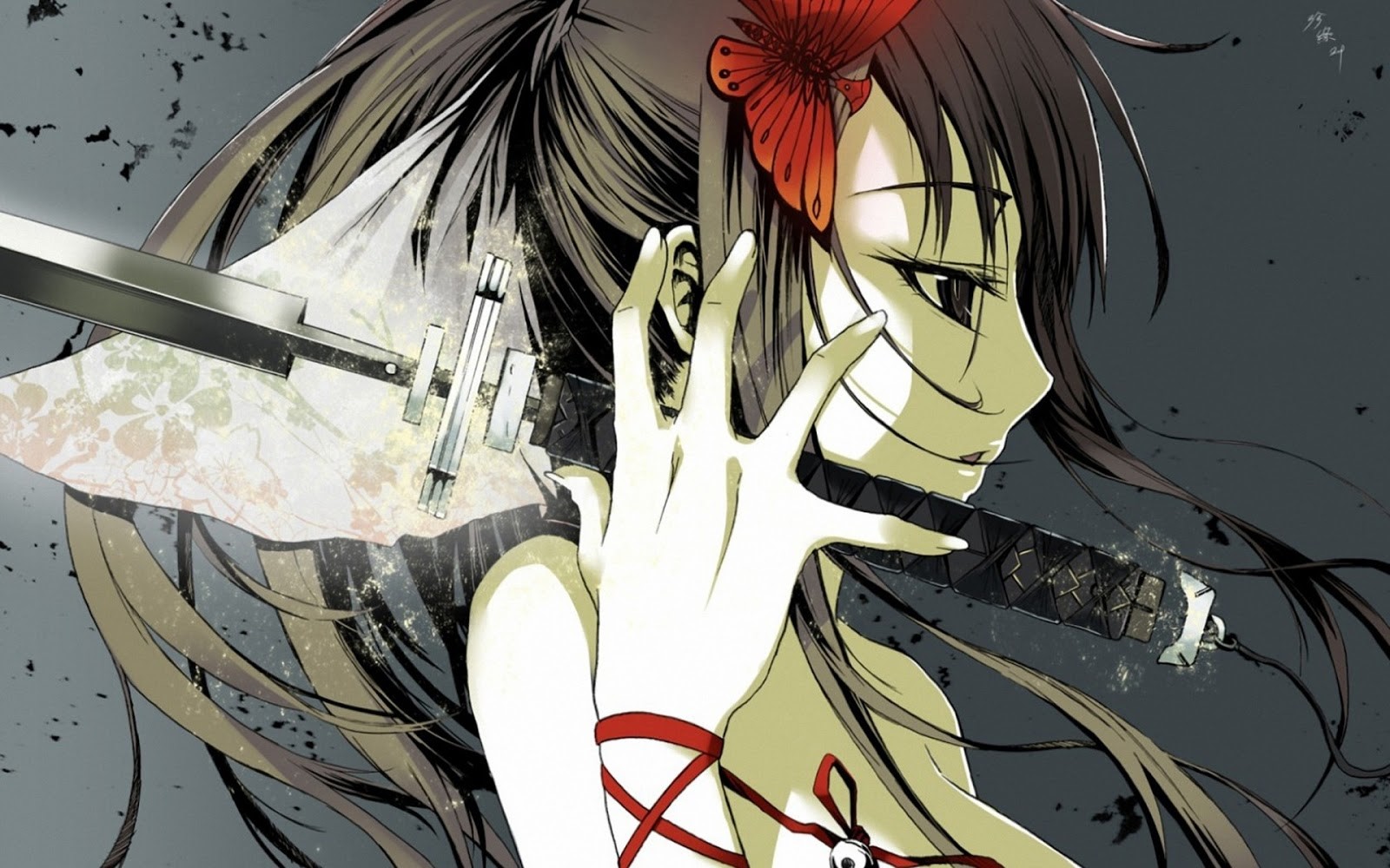 anime, anime girls, face, profile, brunette, weapon, HD Wallpaper
