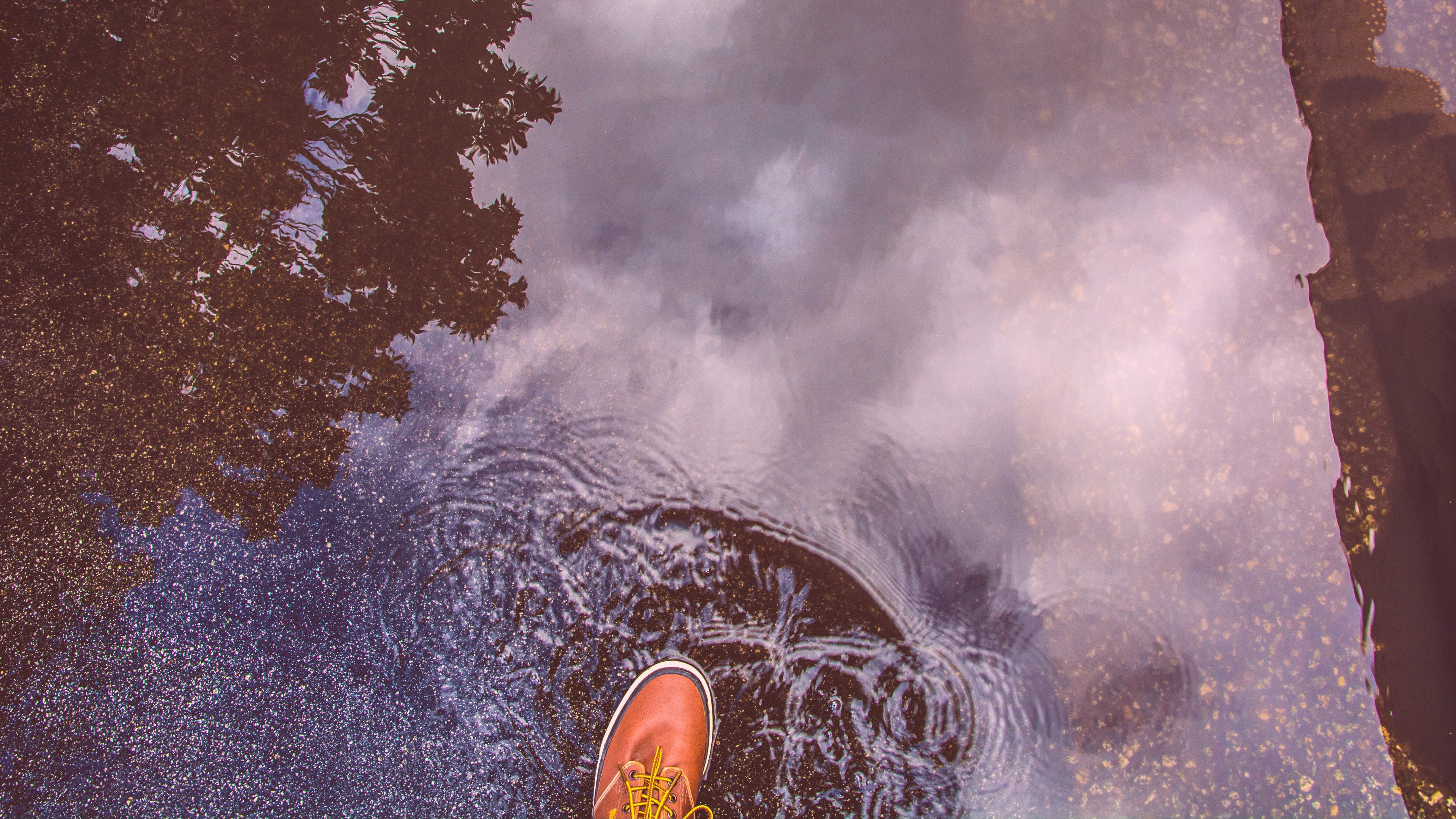 puddle, foot, boot, reflection, water, 4k, HD Wallpaper