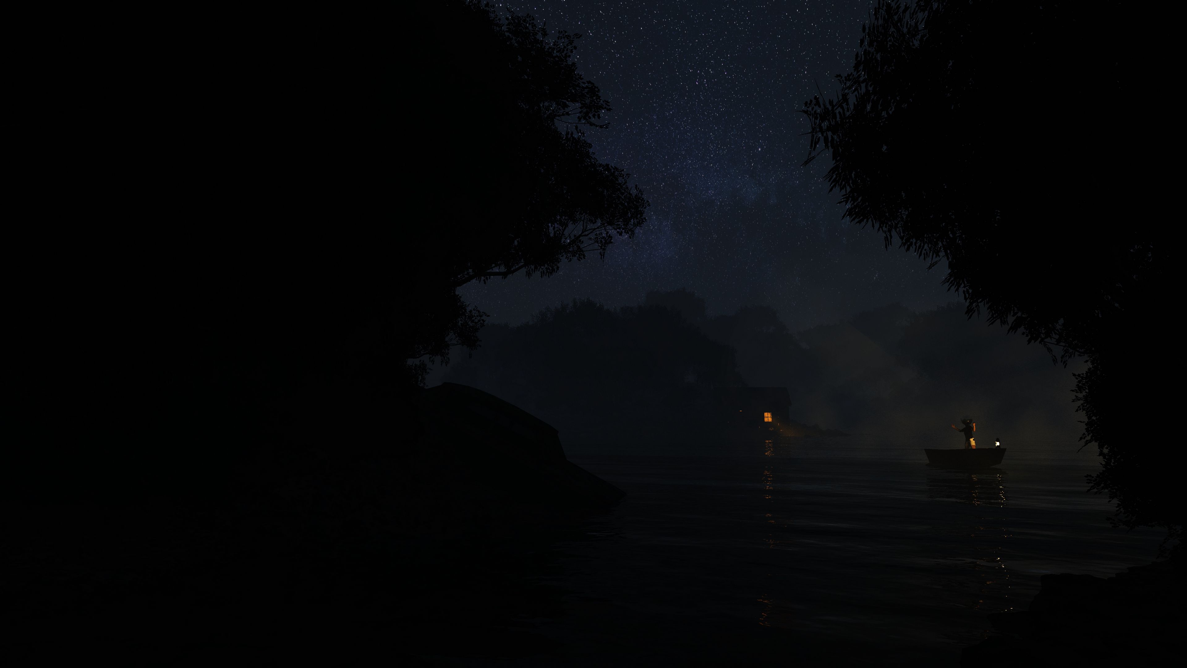 river, boat, night, dark, fog, 4k, HD Wallpaper
