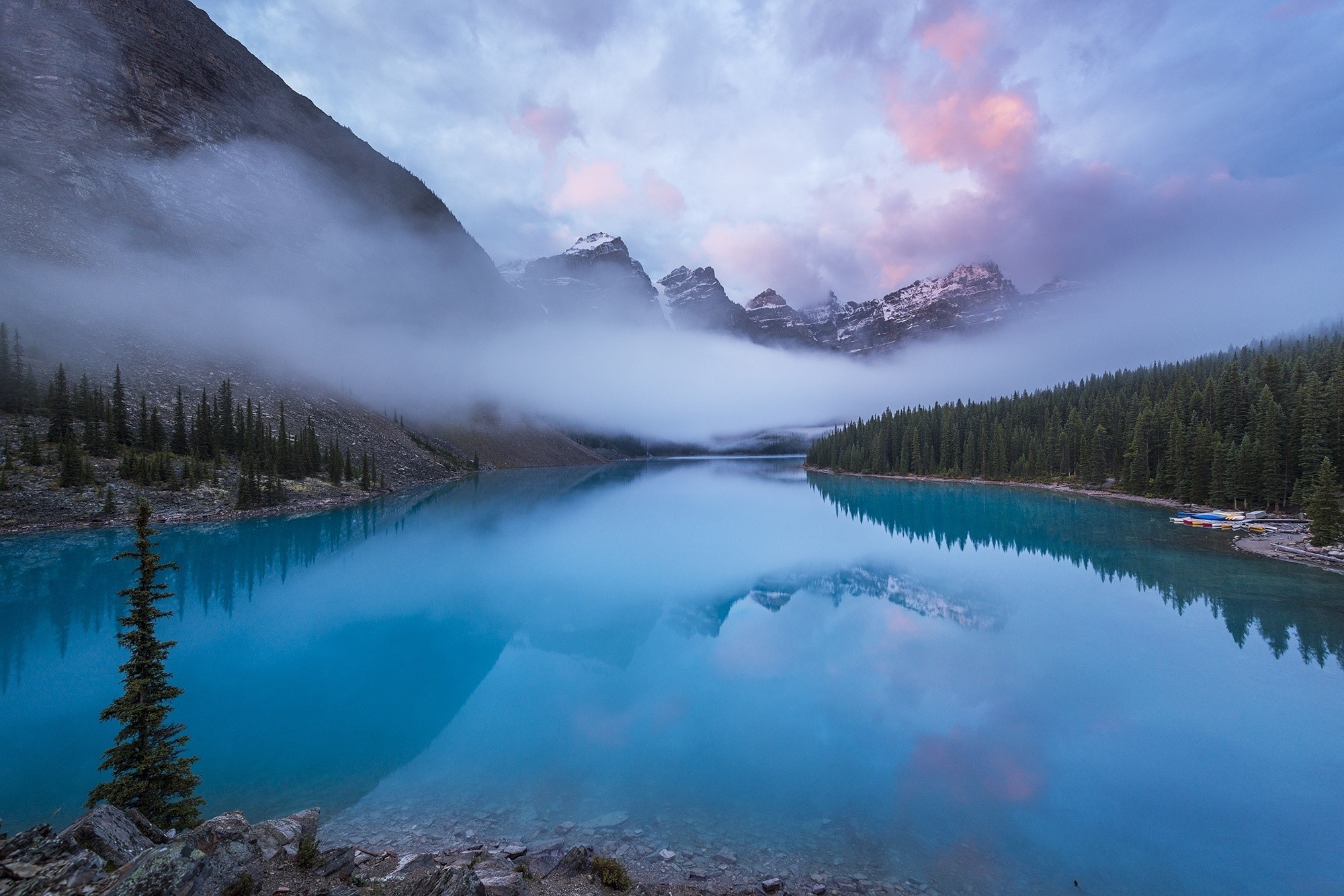 lake, blue, water, nature, landscape, mountains, cyan, calm waters, mist, HD Wallpaper