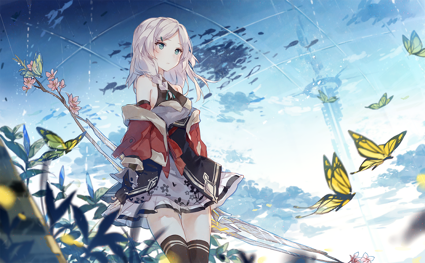 anime girls, anime, butterflies, plants, white hair, miniskirt, HD Wallpaper