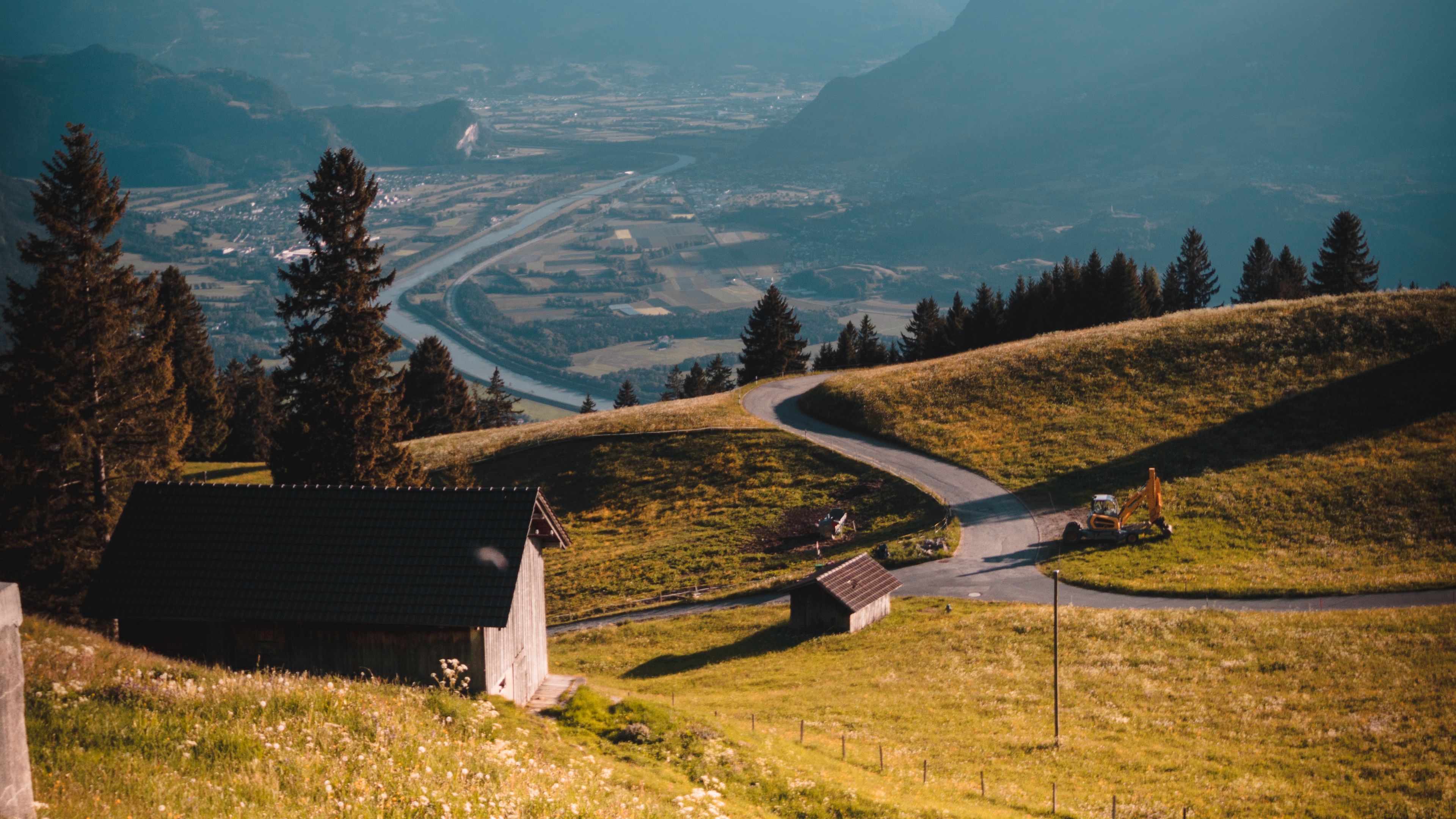 mountains, village, landscape, buildings, road, 4k, HD Wallpaper