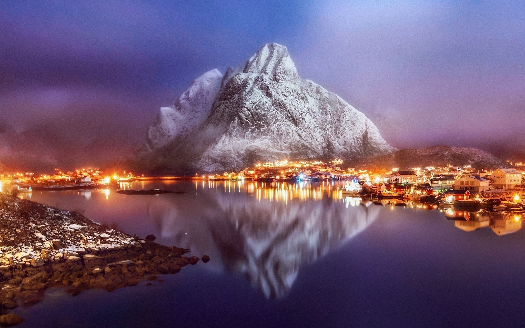 nature, lights, reflection, town, water, Norway, HD Wallpaper