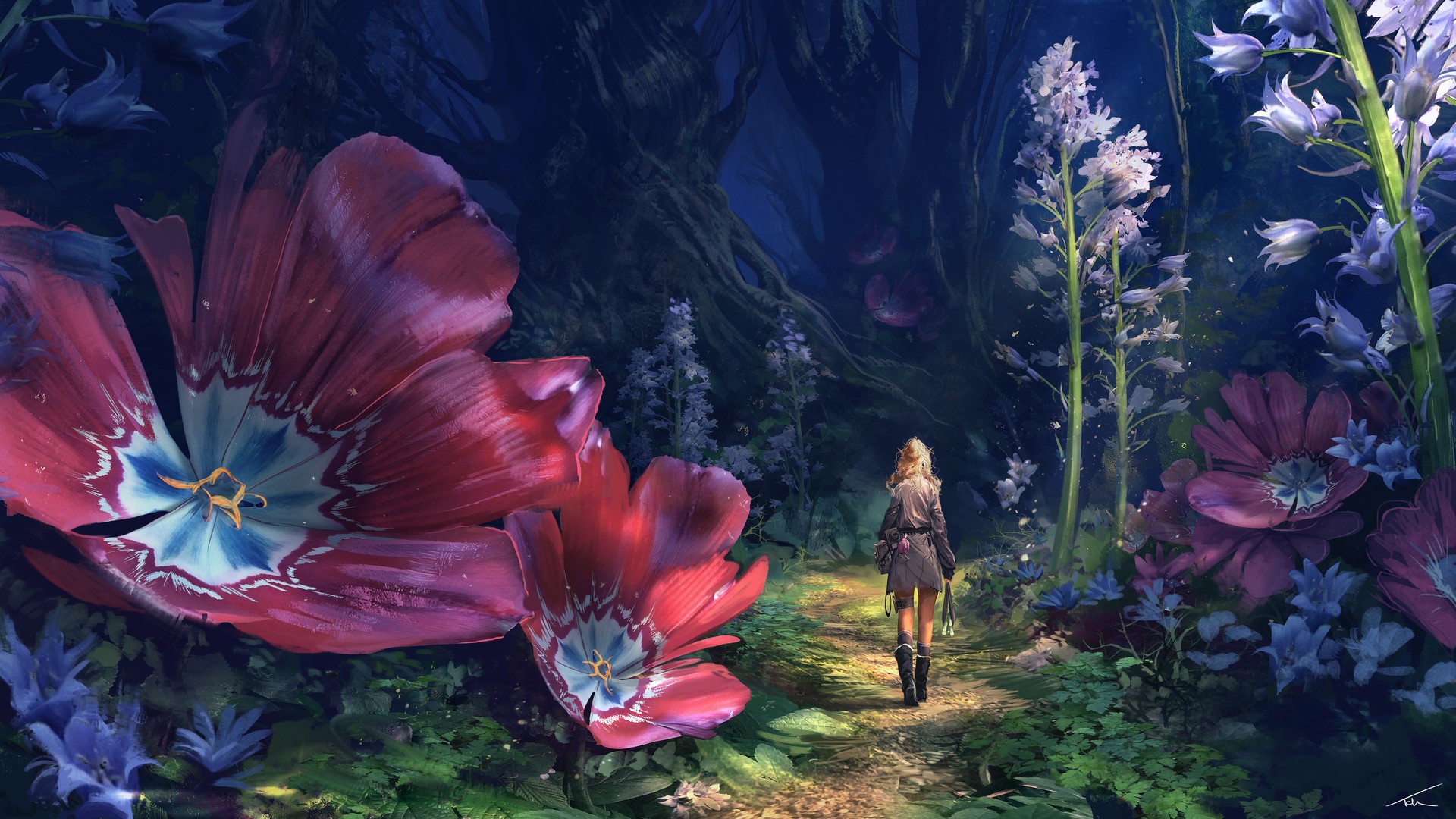 Thomas Chamberlain - Keen, digital art, fantasy art, women, blonde, trees, jungle, flowers, plants, boots, dress, HD Wallpaper