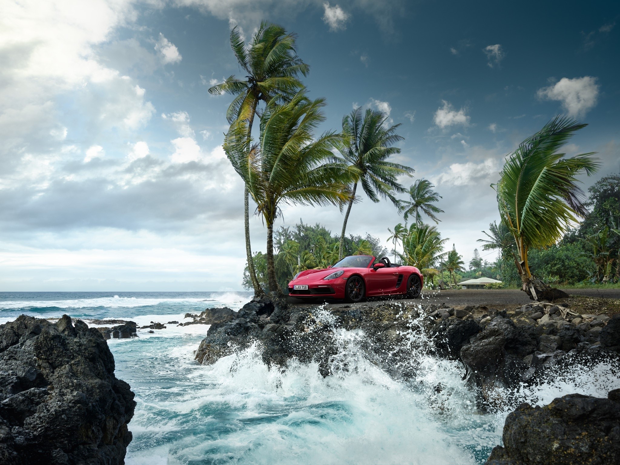car, sea, red cars, palm trees, sky, Porsche 718 Boxster S, Porsche, Porsche 718, Porsche Boxster, HD Wallpaper