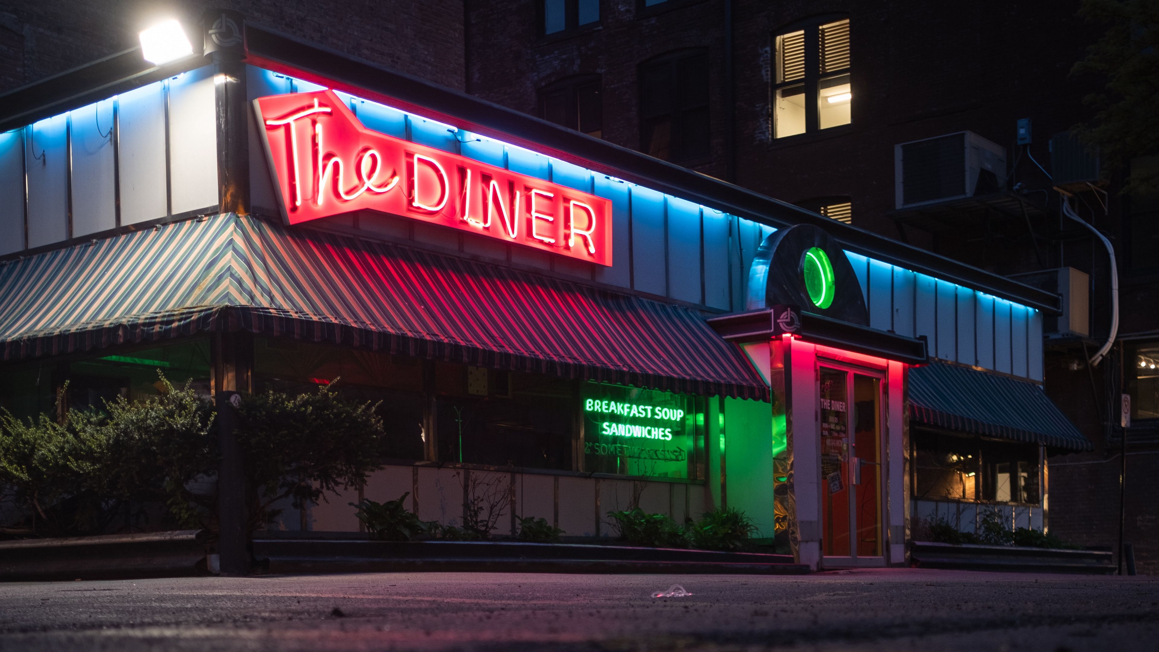 building, neon, sign, puddle, reflection, 4k, HD Wallpaper