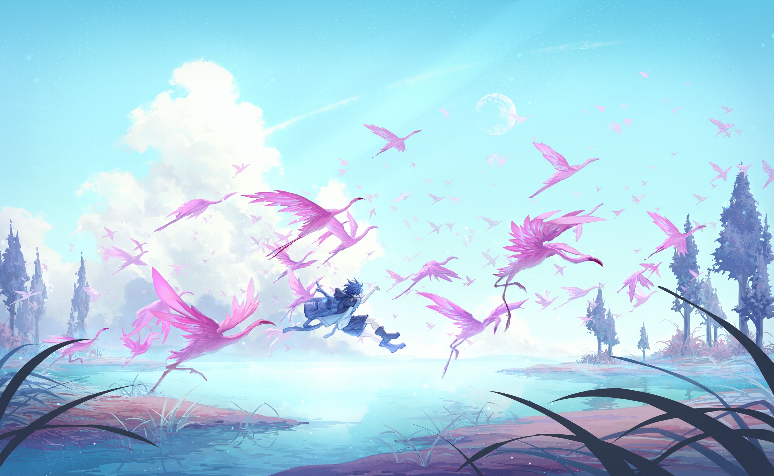 artwork, flamingos, anime boys, clouds, sky, lake, trees, HD Wallpaper