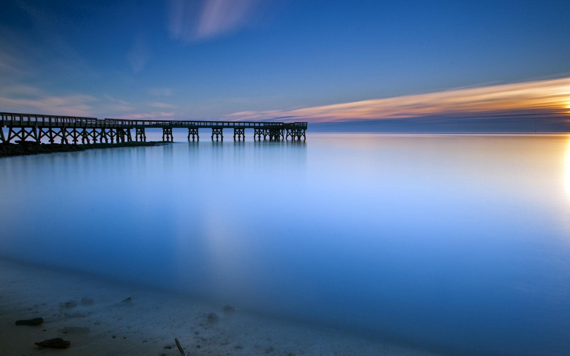 nature, long exposure, sunset, water, pier, HD Wallpaper