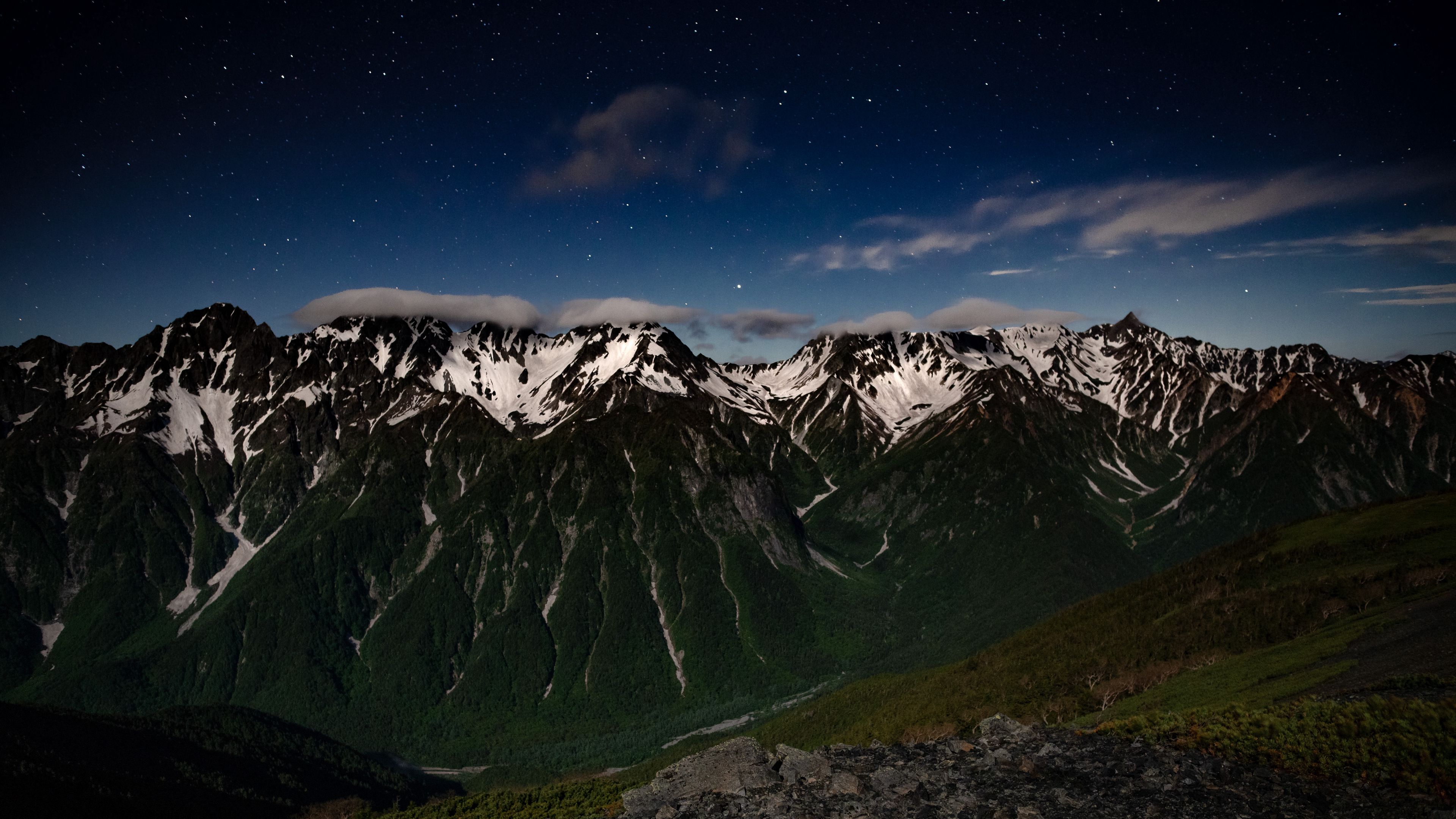 mountains, night, landscape, peaks, starry sky, 4k, HD Wallpaper