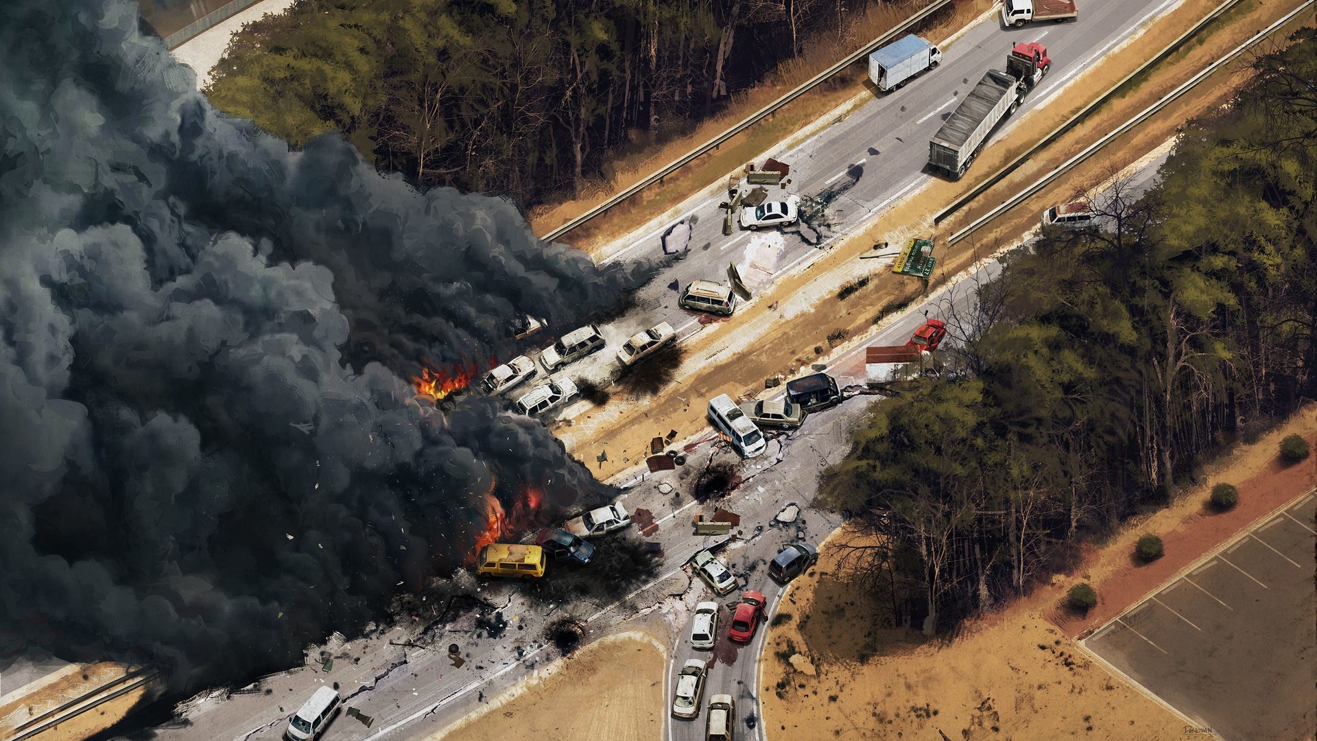 aerial view, fire, smoke, road, accidents, artwork, dark, HD Wallpaper