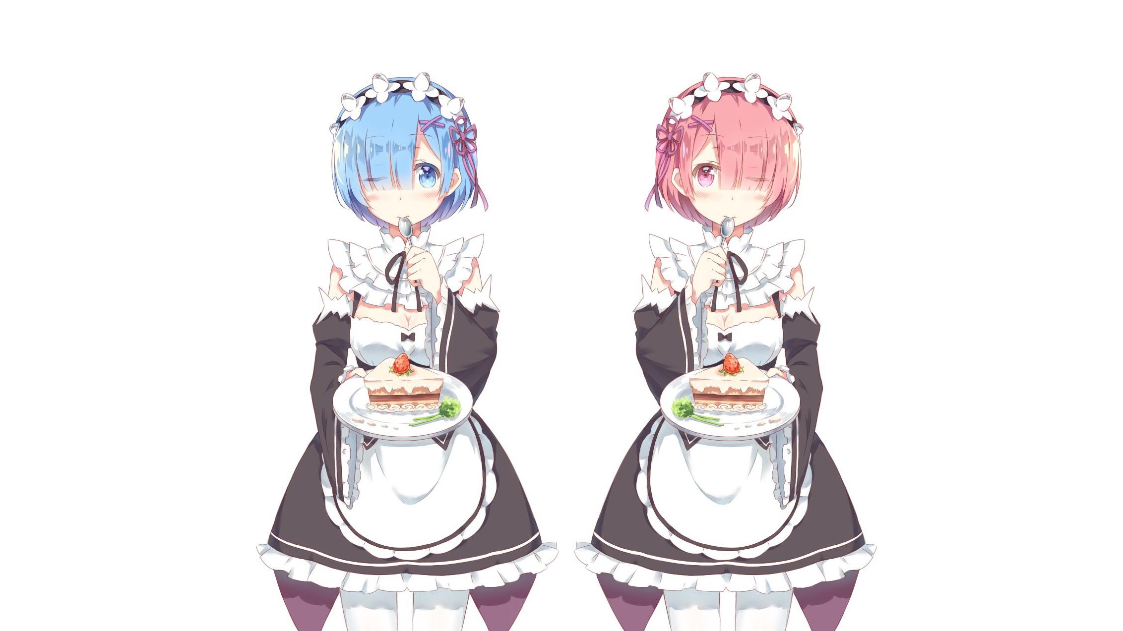 anime, anime girls, simple background, white background, maid, maid outfit, Rem (Re: Zero), Ram (Re: Zero), anime girls eating, Re:Zero Kara Hajimeru Isekai Seikatsu, HD Wallpaper