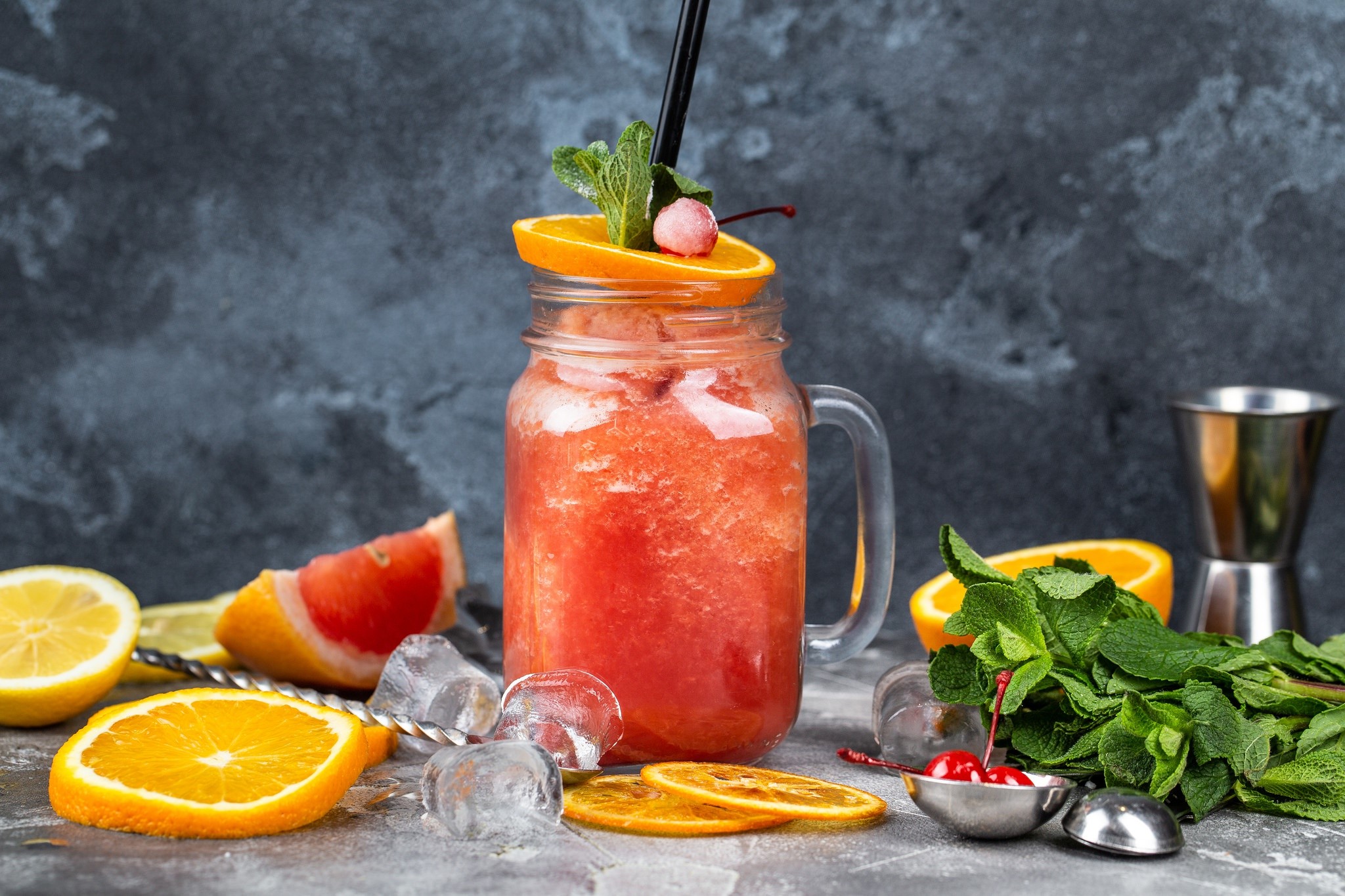 food, fruit, glass jar, ice cubes, orange (fruit), mint, cherries, HD Wallpaper