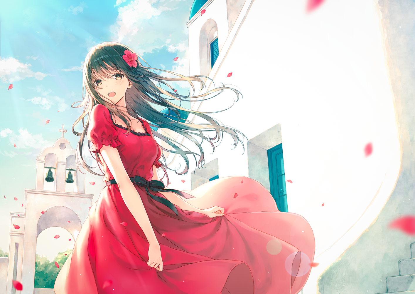 Hiten, anime girls, anime, dress, flower in hair, red dress, HD Wallpaper