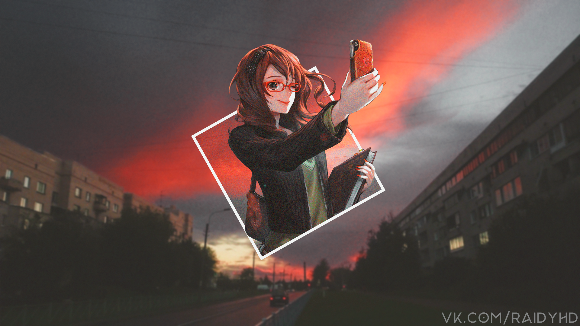 anime, anime girls, picture-in-picture, sunset, city, HD Wallpaper