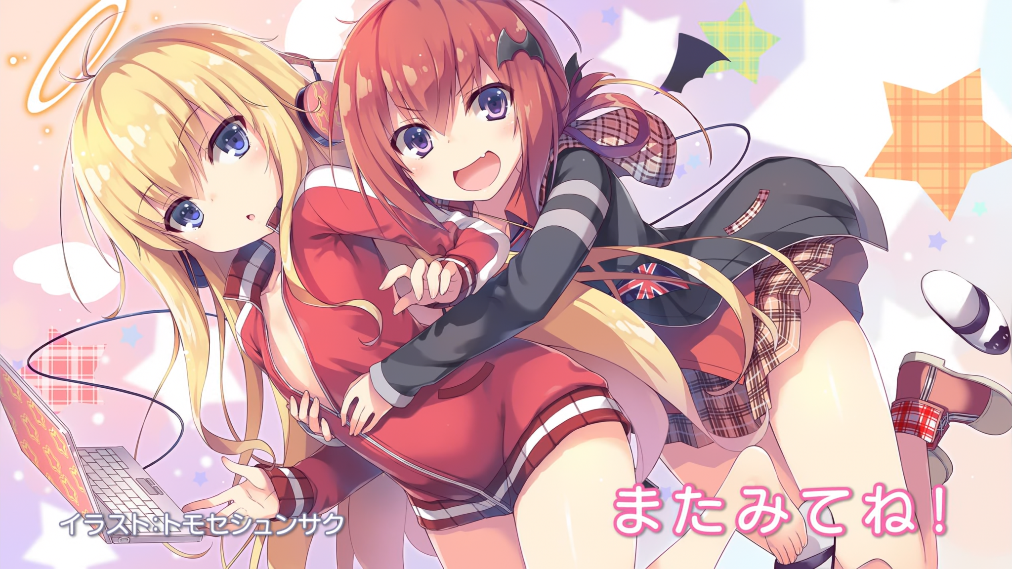 anime girls, anime, Gabriel Dropout, artwork, Gabriel White Tenma, Satanichia McDowell Kurumizawa, blonde, redhead, school uniform, casual, white skin, HD Wallpaper