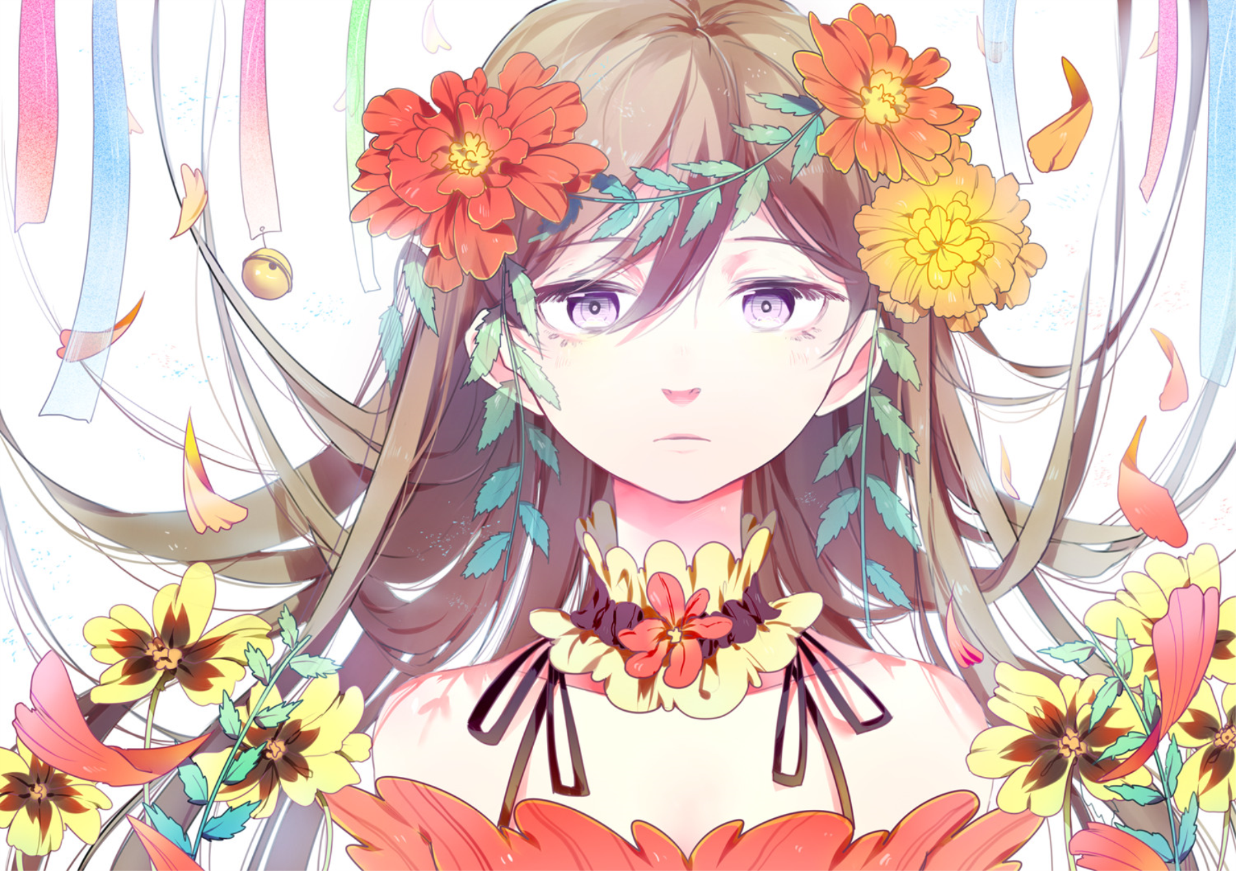 anime, anime girls, flower in hair, flowers, HD Wallpaper