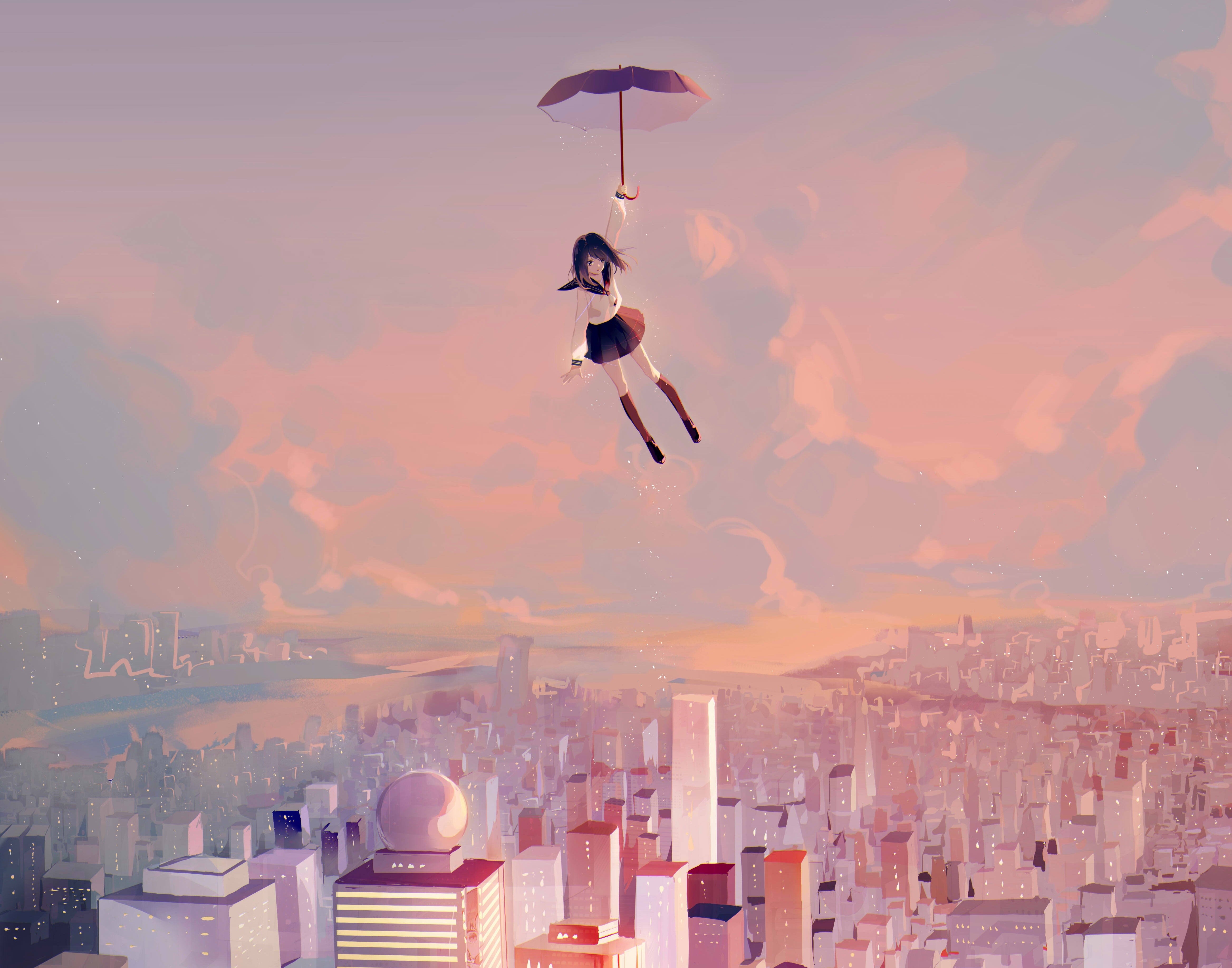 anime, anime girls, flying, umbrella, cityscape, HD Wallpaper