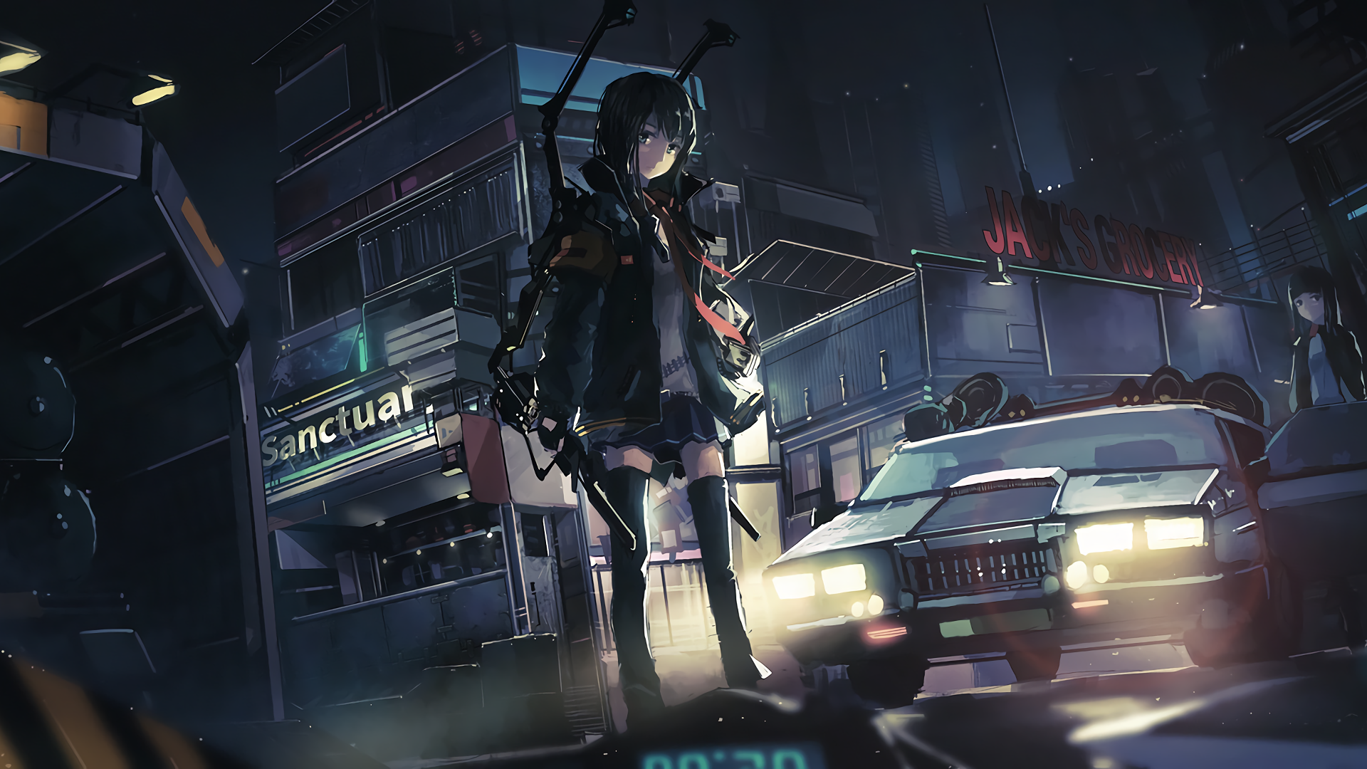 anime, anime girls, cityscape, dark hair, dark, vehicle, HD Wallpaper