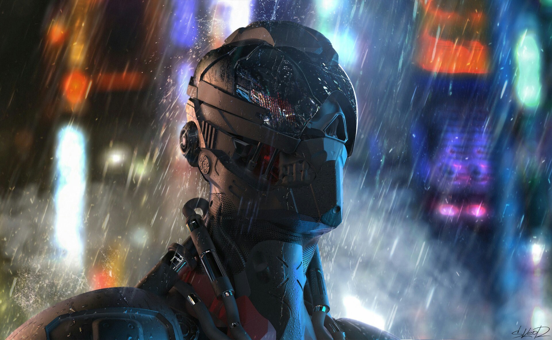 science fiction, cyberpunk, cyborg, rain, Tony Skeor, HD Wallpaper
