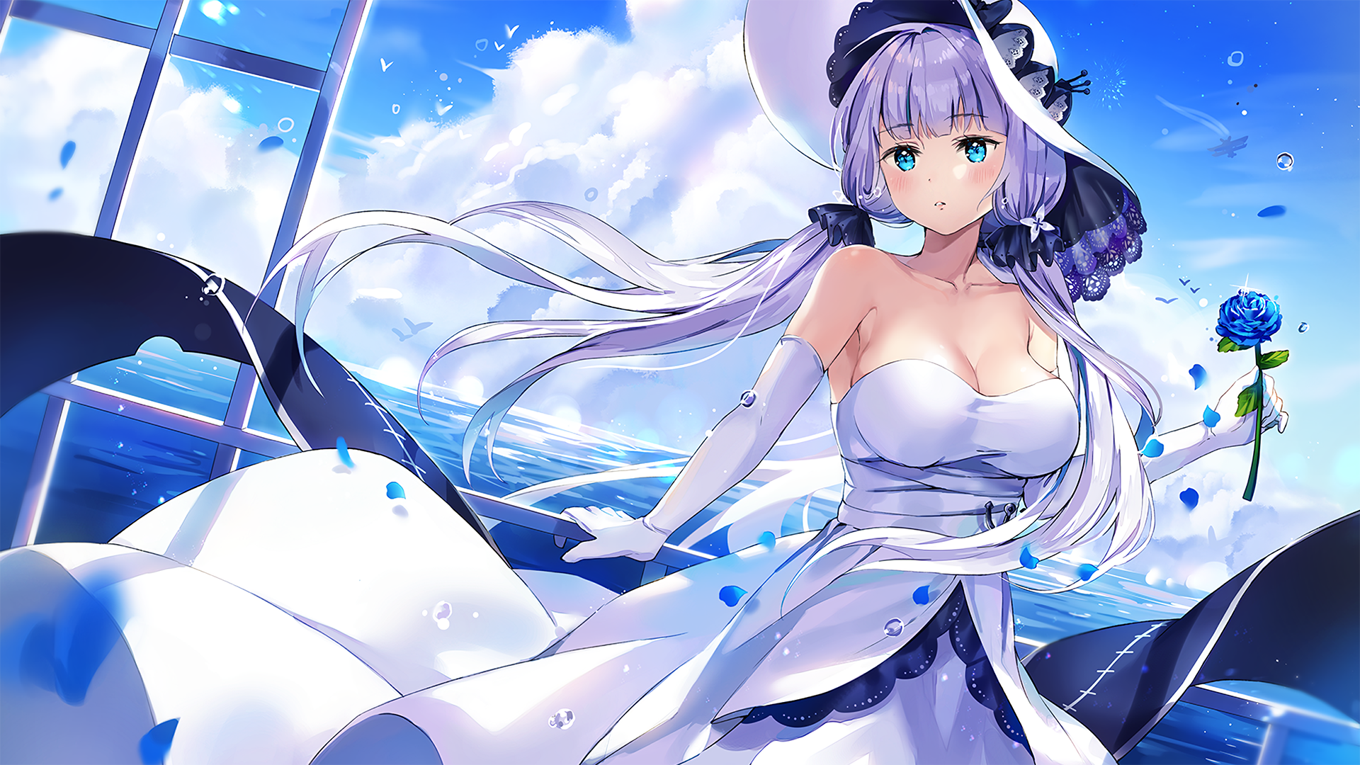 long hair, cleavage, hat, elbow gloves, dress, Azur Lane, Illustrious (Azur Lane), HD Wallpaper