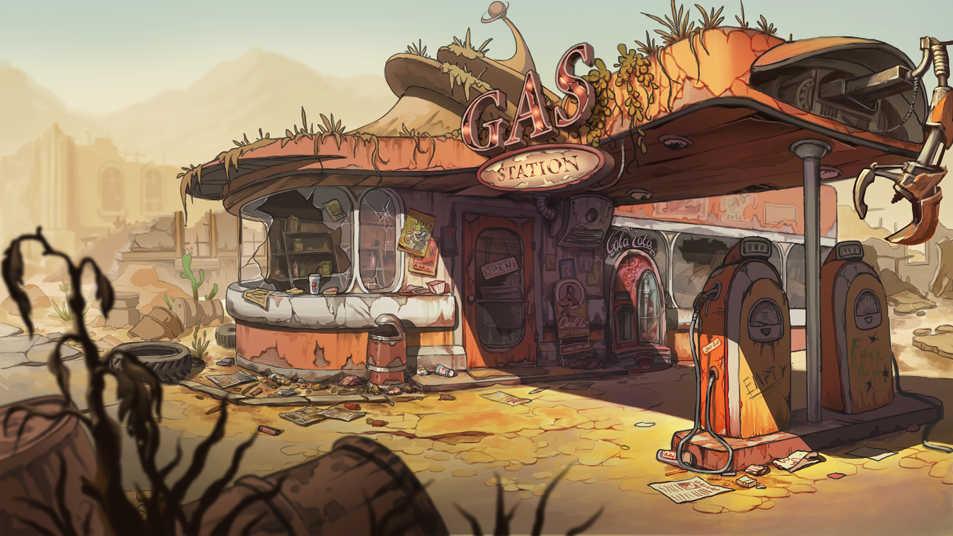 digital art, abandoned, artwork, Gas station, HD Wallpaper