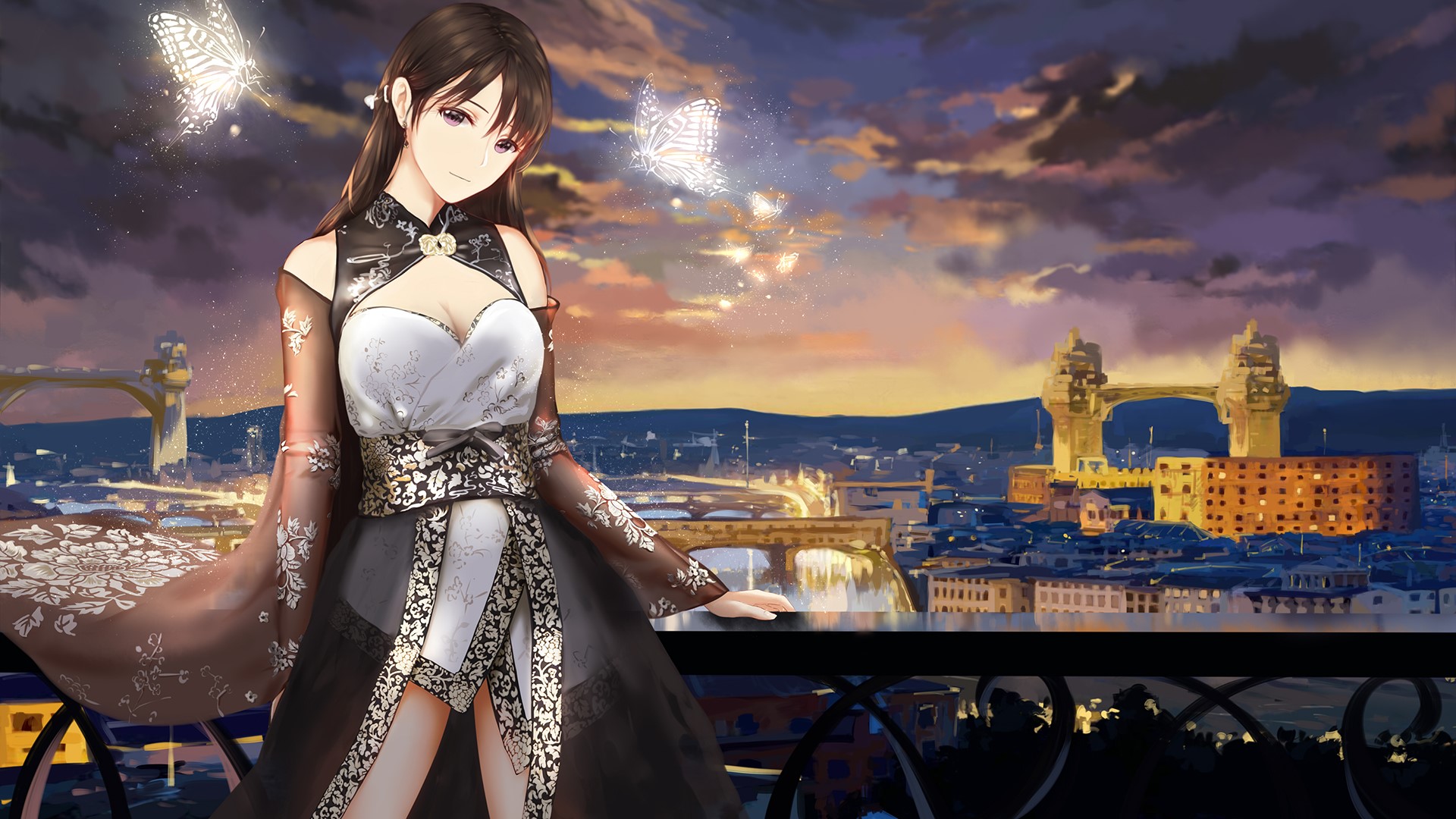 butterfly, city, cleavage, Japanese clothes, long hair, HD Wallpaper