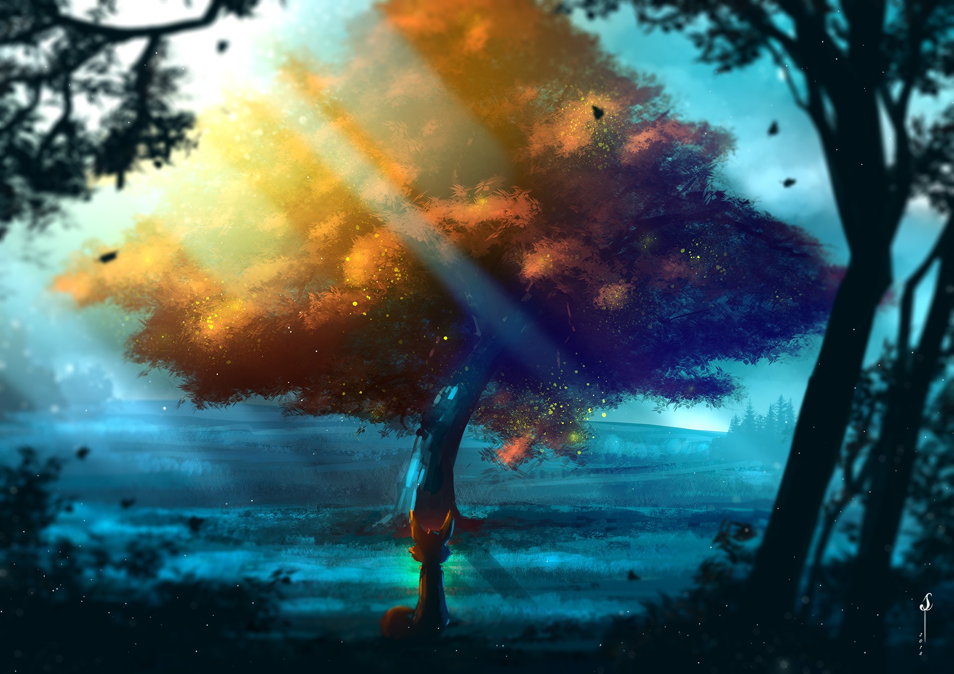 abstract, fox, sunbeams, cyan, HD Wallpaper