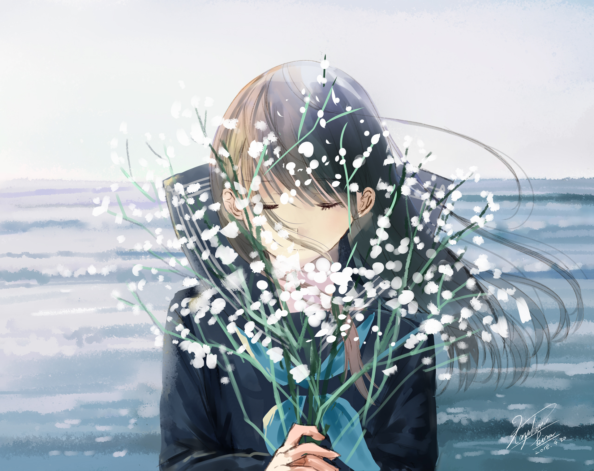 anime, anime girls, closed eyes, flowers, 2018 (Year), HD Wallpaper