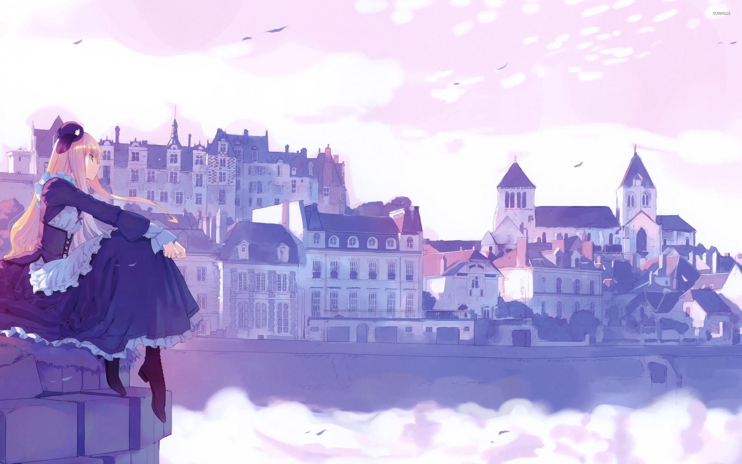 anime, anime girls, cityscape, sitting, blonde, dress, HD Wallpaper