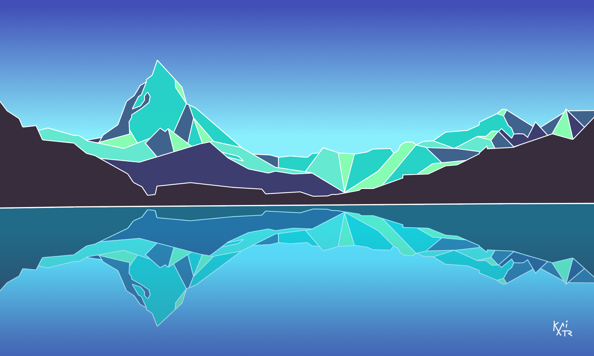 mountains, lake, digital art, cyan, blue, HD Wallpaper