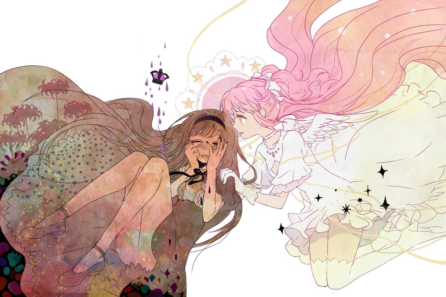 anime, anime girls, long hair, legs, crying, pink hair, HD Wallpaper